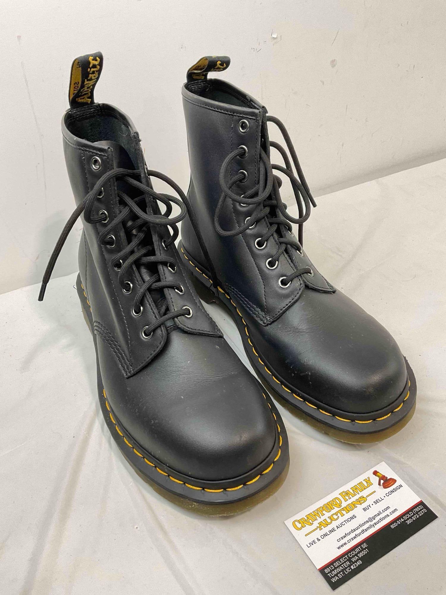 Dr. Marten's Black Leather Doc's Boots, Size US Men's 11, US Women's 12. Good Condition. - 2