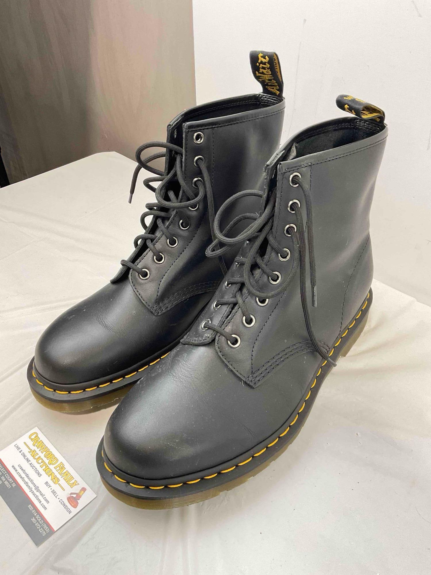 Dr. Marten's Black Leather Doc's Boots, Size US Men's 11, US Women's 12. Good Condition. - 3