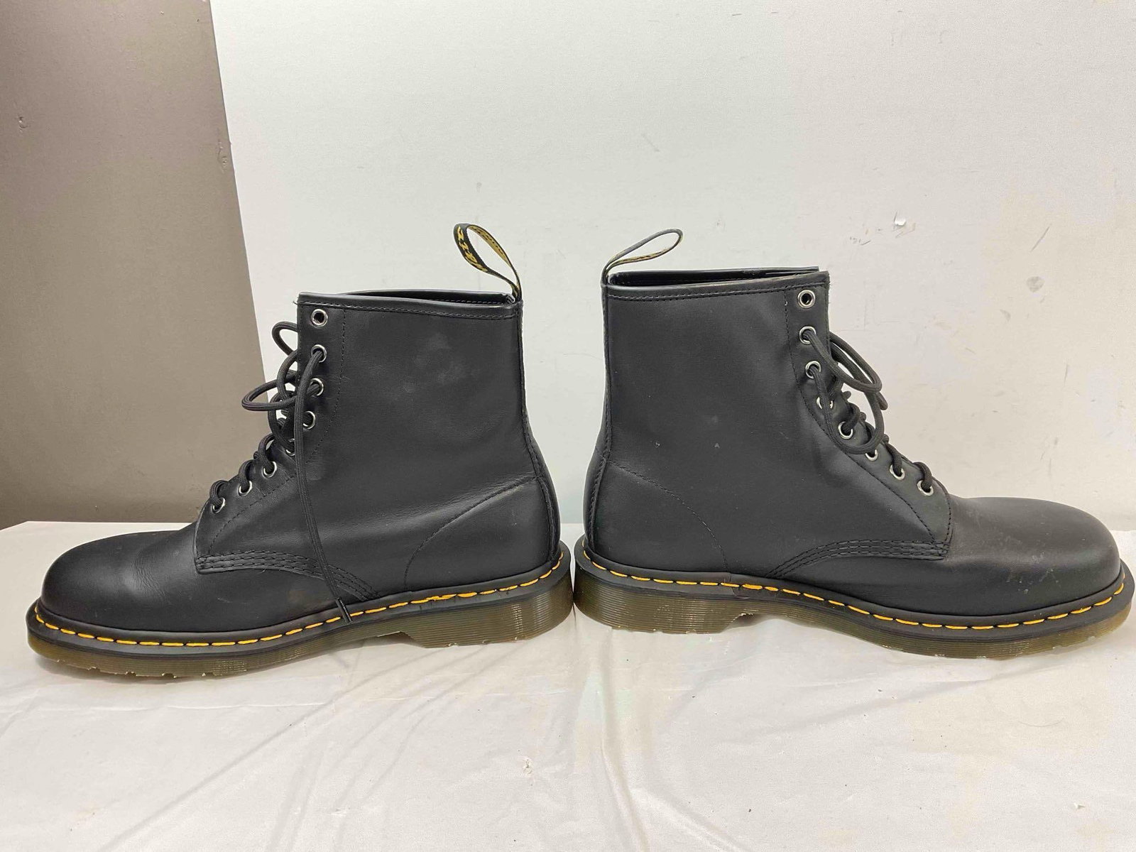 Dr. Marten's Black Leather Doc's Boots, Size US Men's 11, US Women's 12. Good Condition. - 4