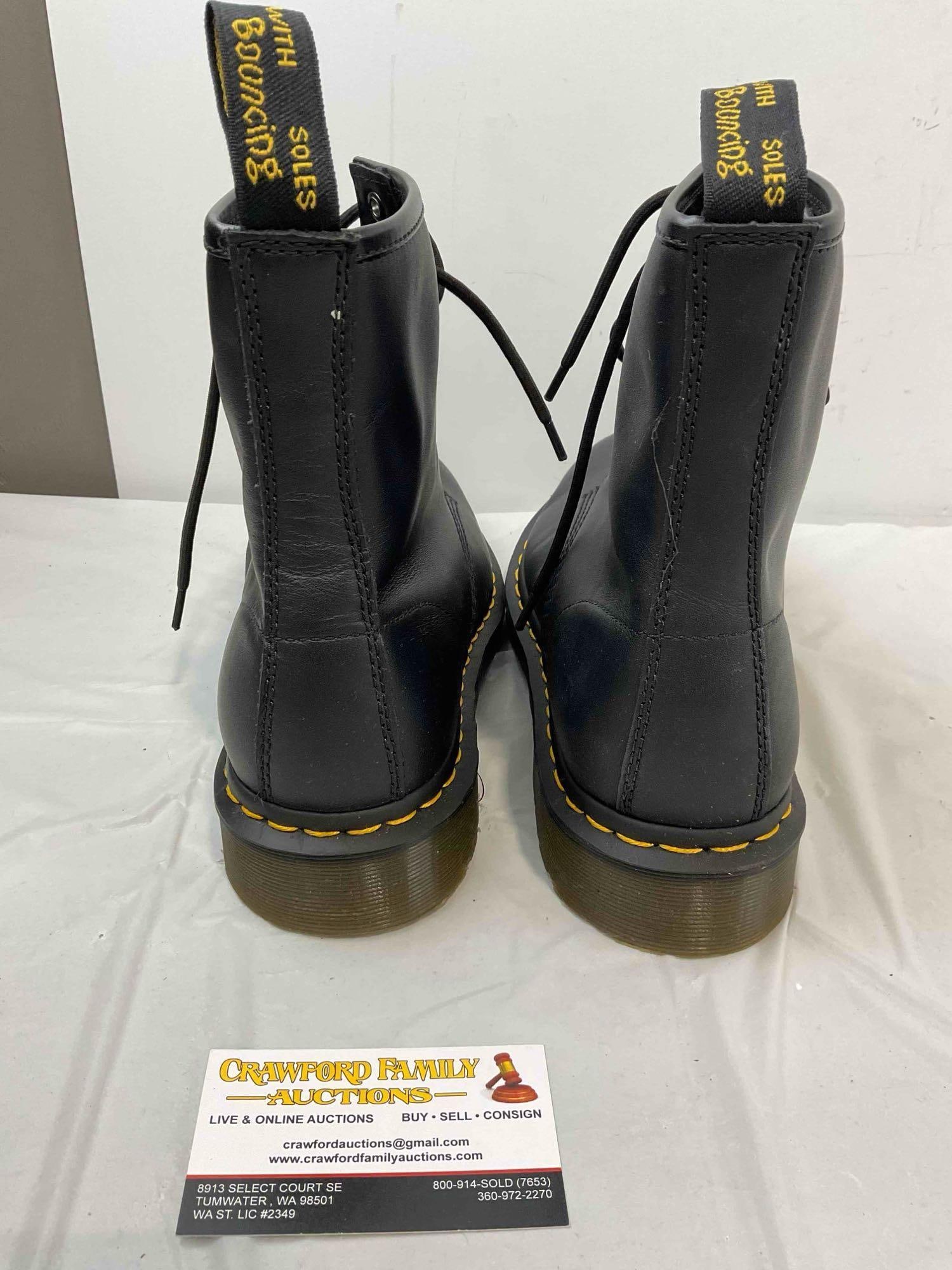 Dr. Marten's Black Leather Doc's Boots, Size US Men's 11, US Women's 12. Good Condition. - 5