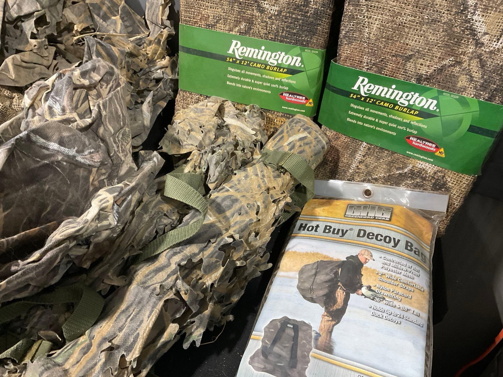 Good Sized Variety of Camo Burlap, 2x New Remington, Foam Seat Pad & more - 2