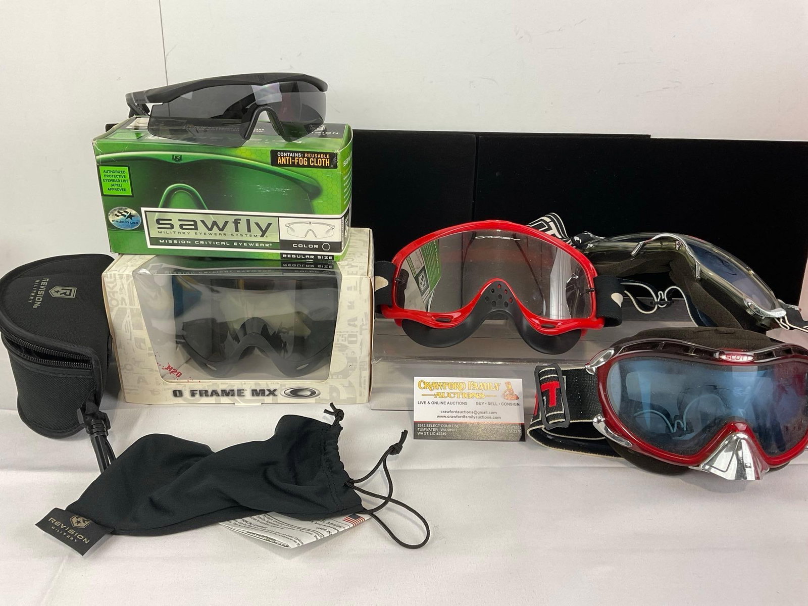 Oakley O Frame MX, Sawfly Sunglasses in box, Oakley & 2x Scott Snow Goggles: The foam on the Oakley goggles out of box has worn away, otherwise the pieces are in good shape, some shelf wear. Appears to be in good shape. The piece measures approx 8h x 14w x 10d inches. See