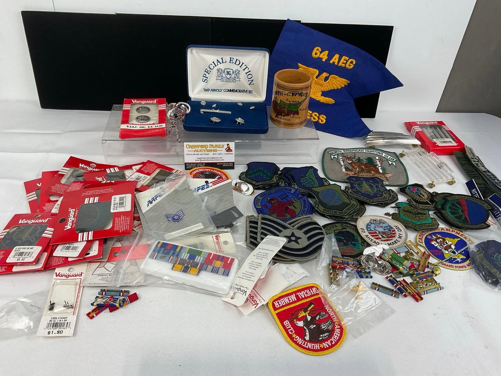 Large Collection of MIlitary Insignia, Pins, Patches & more, Air Force Memorabilia: Appears to be in good shape. The piece measures approx 8h x 14w x 10d inches. See pics. E-5600