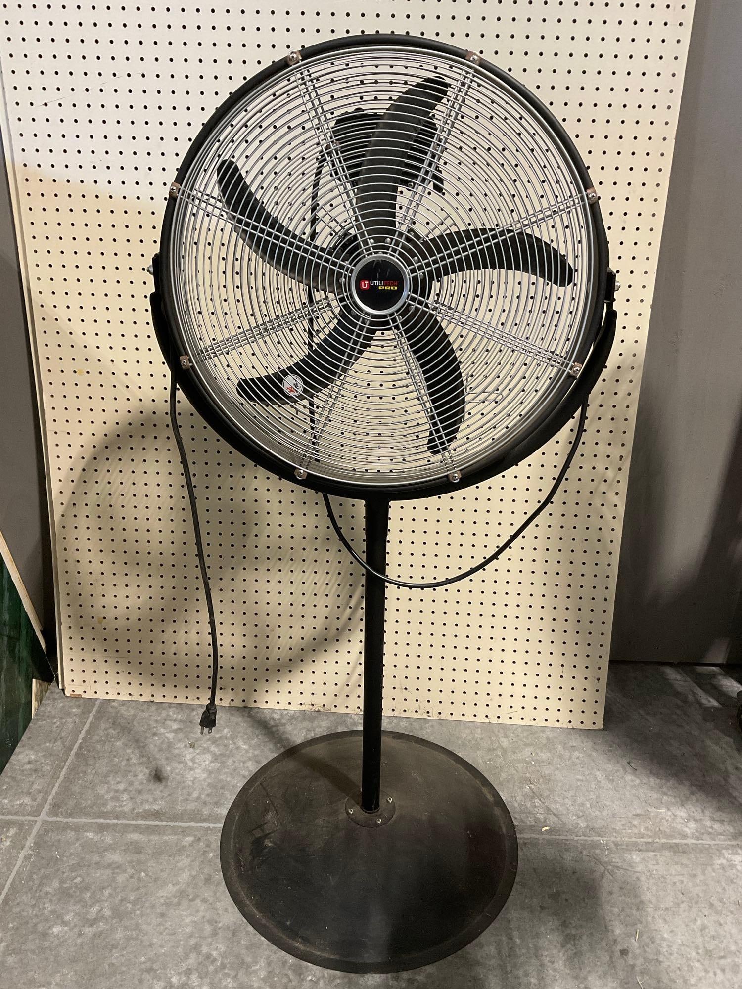 Utilitech Pro Model HVP-20S-OD Pedestal Fan, tested & working, 20 inch wide, 5 small fan blades: Appears to be in fair shape, tested & working. The piece measures approx 53h x 25w x 22d inches. See pics. E-414 *no in-house shipping*