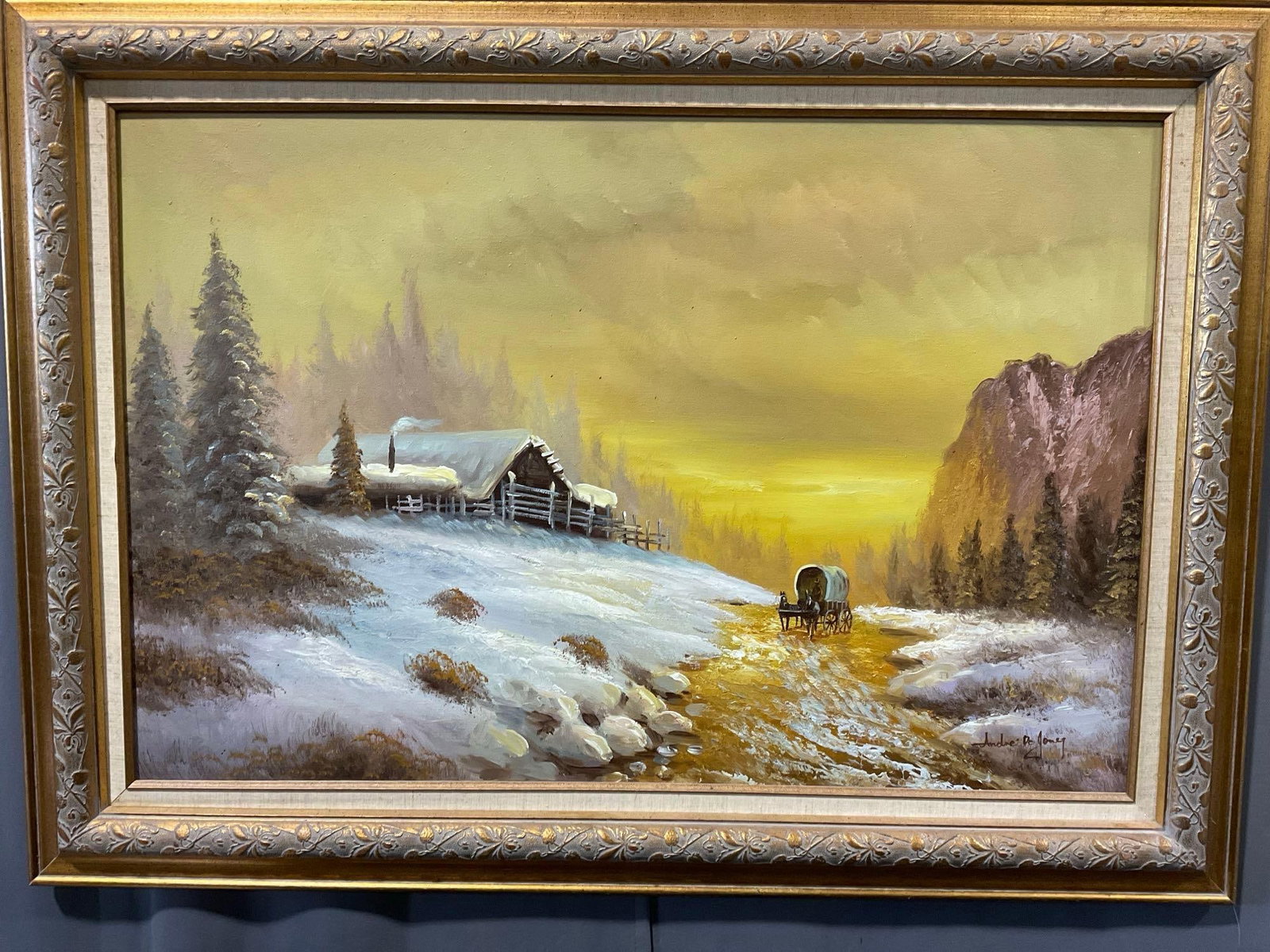 MId century Framed Oil on Canvas, Sunrise on Wintry Frontier Scene, Signed Andre De Jong: Appears to be in good shape. The piece measures approx 32h x 44w x 4d inches. See pics. E-5830 About the artist Andre de Jong (born 1945, Netherlands) is a contemporary Dutch artist, draftsman,