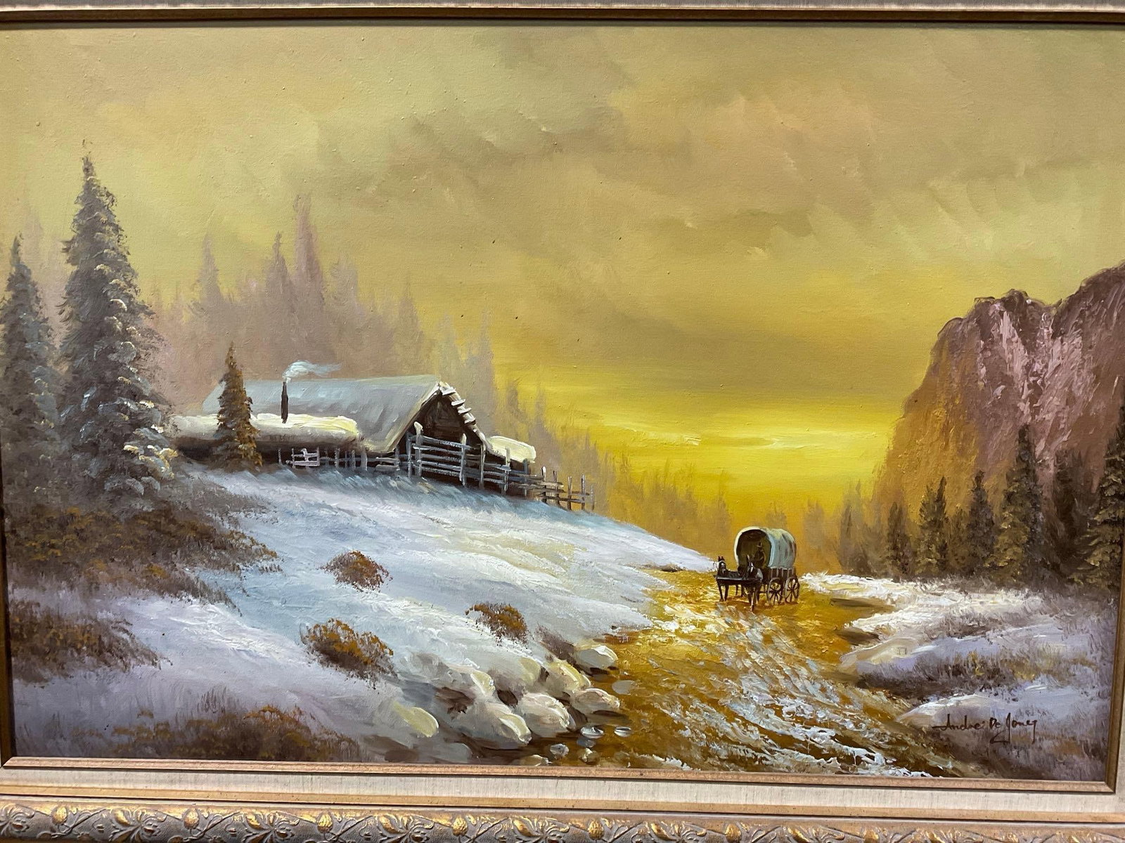 MId century Framed Oil on Canvas, Sunrise on Wintry Frontier Scene, Signed Andre De Jong - 2