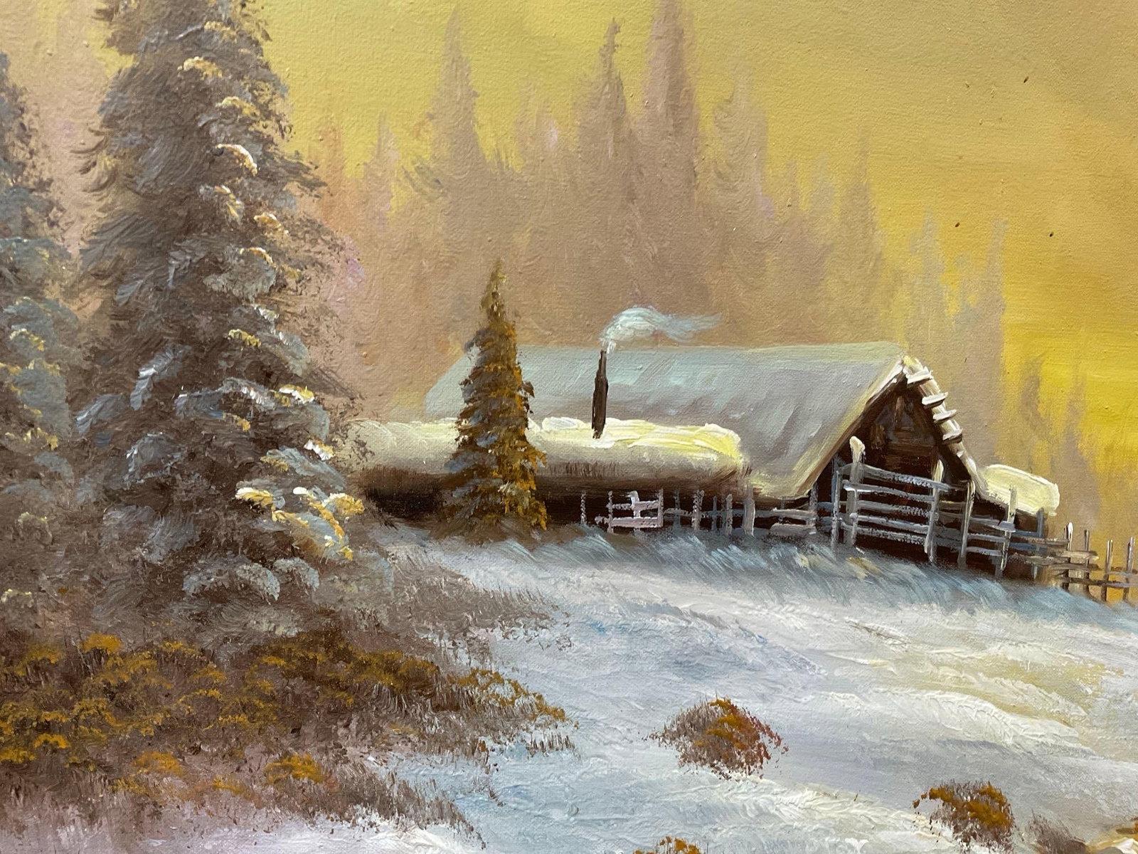 MId century Framed Oil on Canvas, Sunrise on Wintry Frontier Scene, Signed Andre De Jong - 3