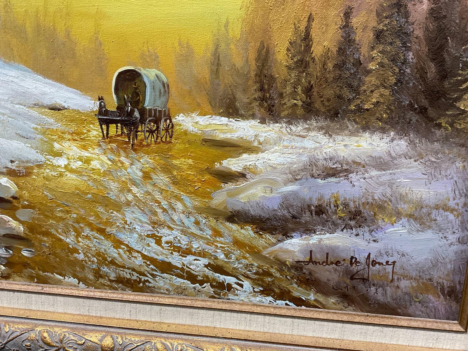 MId century Framed Oil on Canvas, Sunrise on Wintry Frontier Scene, Signed Andre De Jong - 4