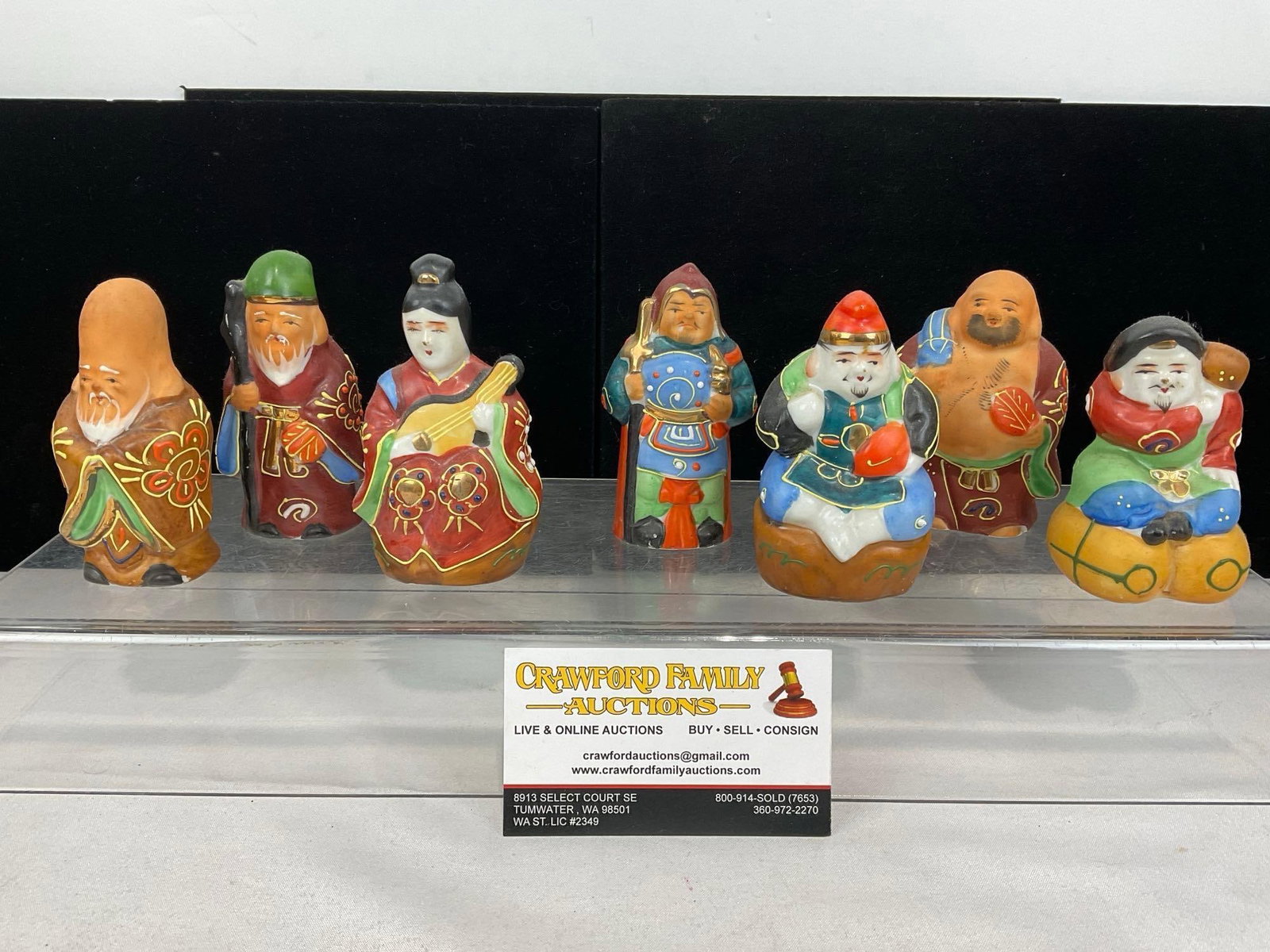 Japanese Kutani Porcelain Figures Seven Lucky Gods, approx 4 inches tall: Appears to be in good shape. The pieces together measures approx 4h x 10w x 7d inches. See pics. E-5650