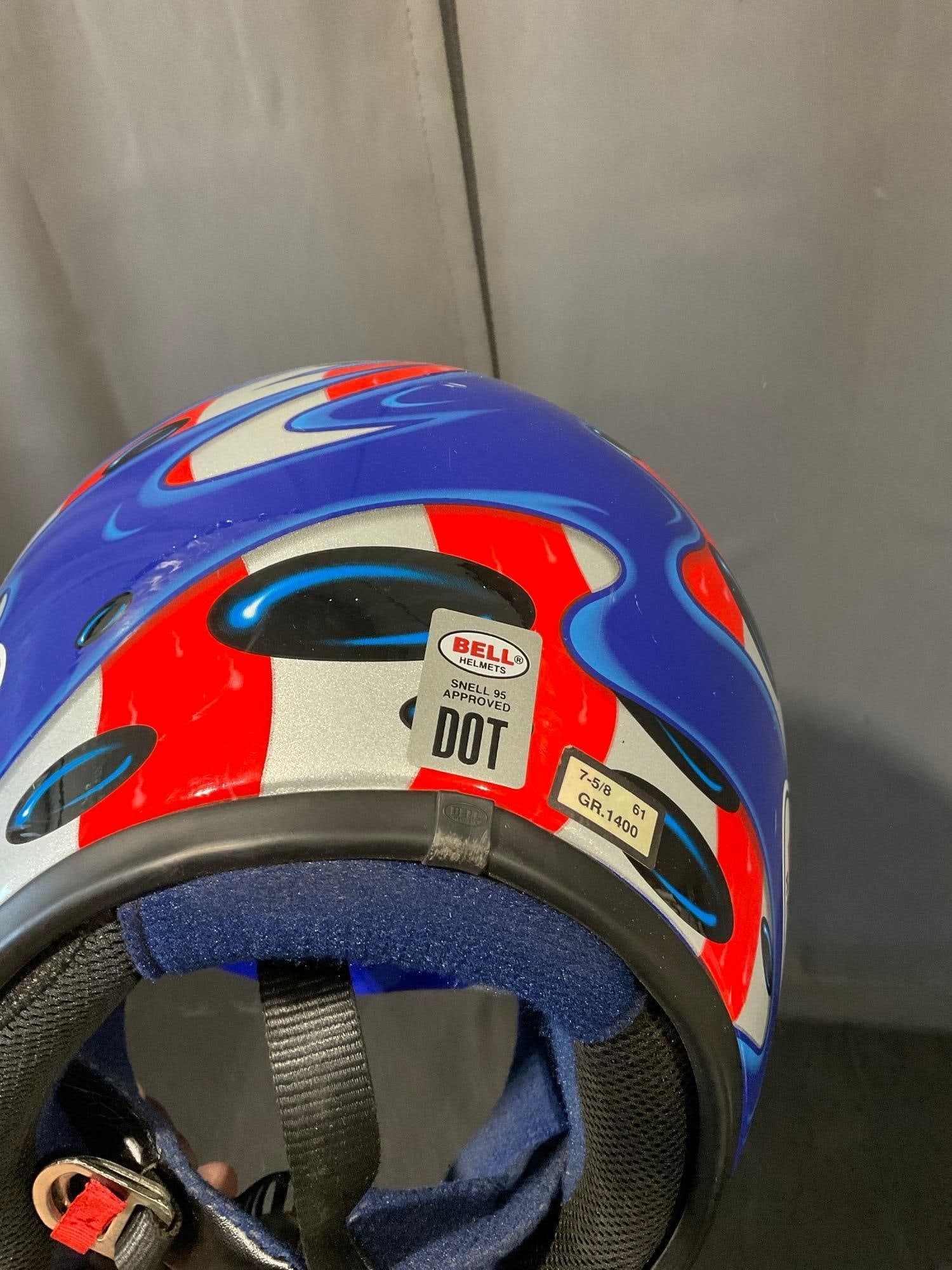 Bell Helmet Size 7-5/8 GR.1400, Red/White/Blue theme, Small Gloves, & Cover - 4
