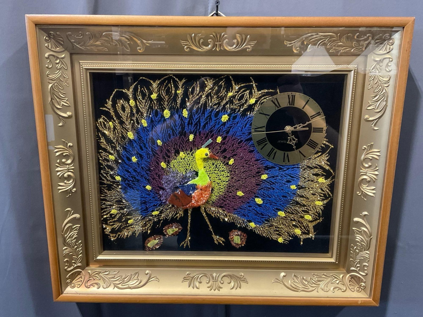 Vintage Peacock Art Wall Clock Decor piece, w/Frame detail, 19h x 23w x 4d inches: Appears to be in good shape. The piece measures approx 19h x 23w x 4d inches. See pics. E-5830