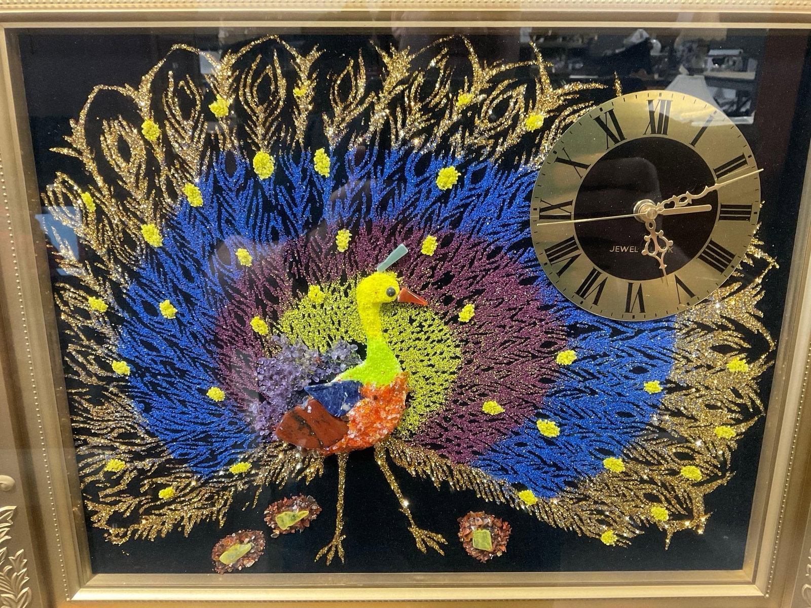 Vintage Peacock Art Wall Clock Decor piece, w/Frame detail, 19h x 23w x 4d inches - 2