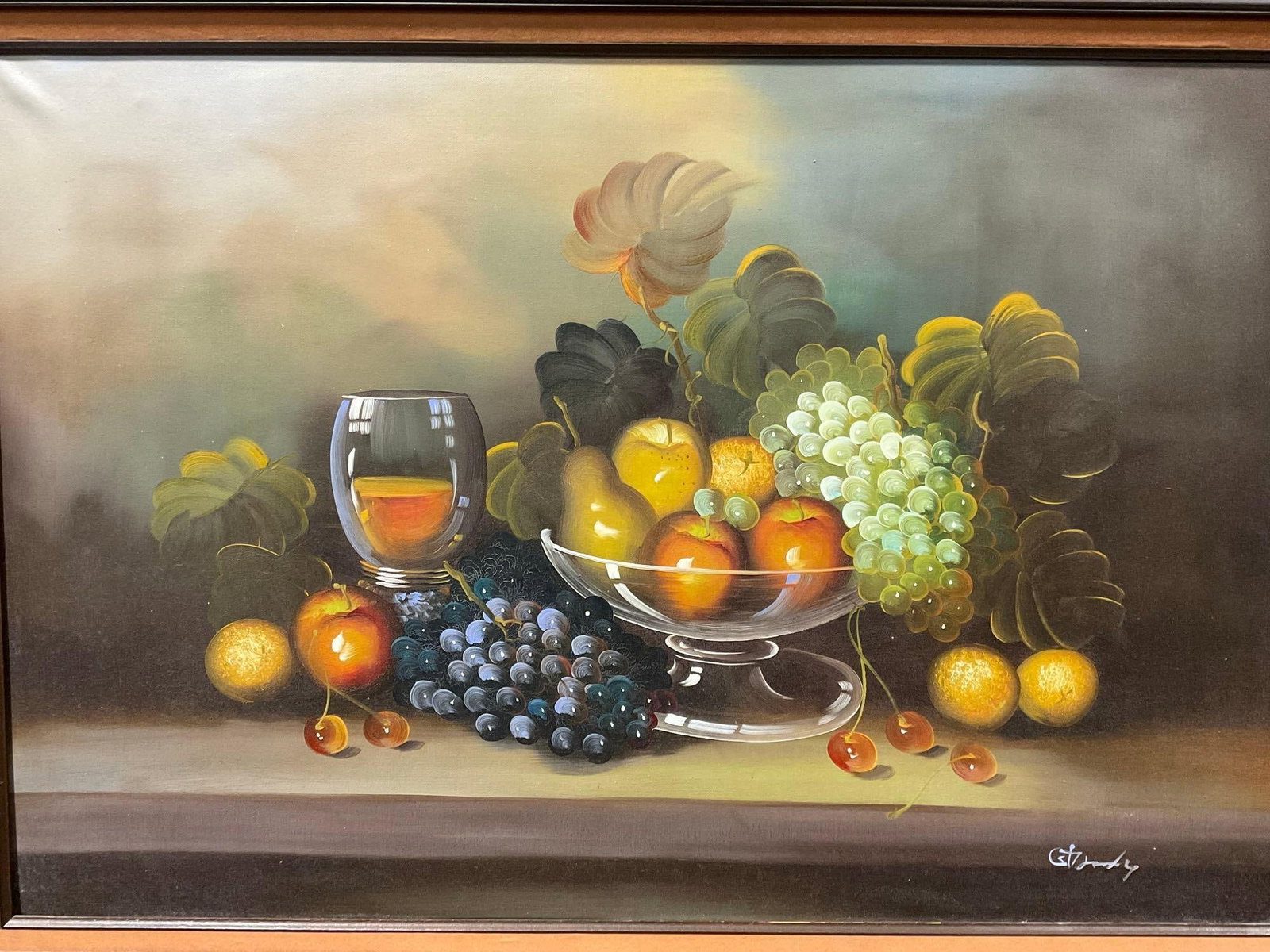 Vintage Still Life Oil on Canvas Painting, Bowl of Fruit, Grapes, signed, 33h x 45w x 5d inches: Appears to be in good shape. The piece measures approx 33h x 45w x 5d inches. See pics. E-5830 *Freight Required if shipped, Buyer Arranged/Responsibility*