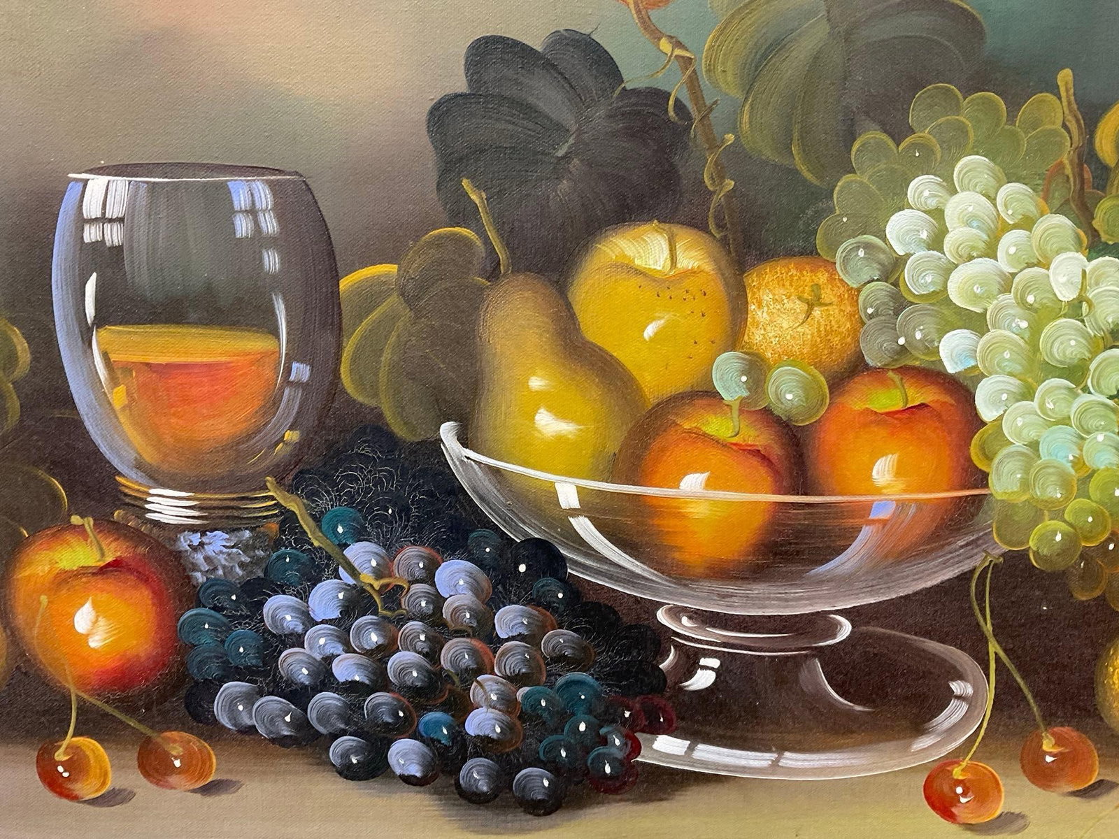 Vintage Still Life Oil on Canvas Painting, Bowl of Fruit, Grapes, signed, 33h x 45w x 5d inches - 2