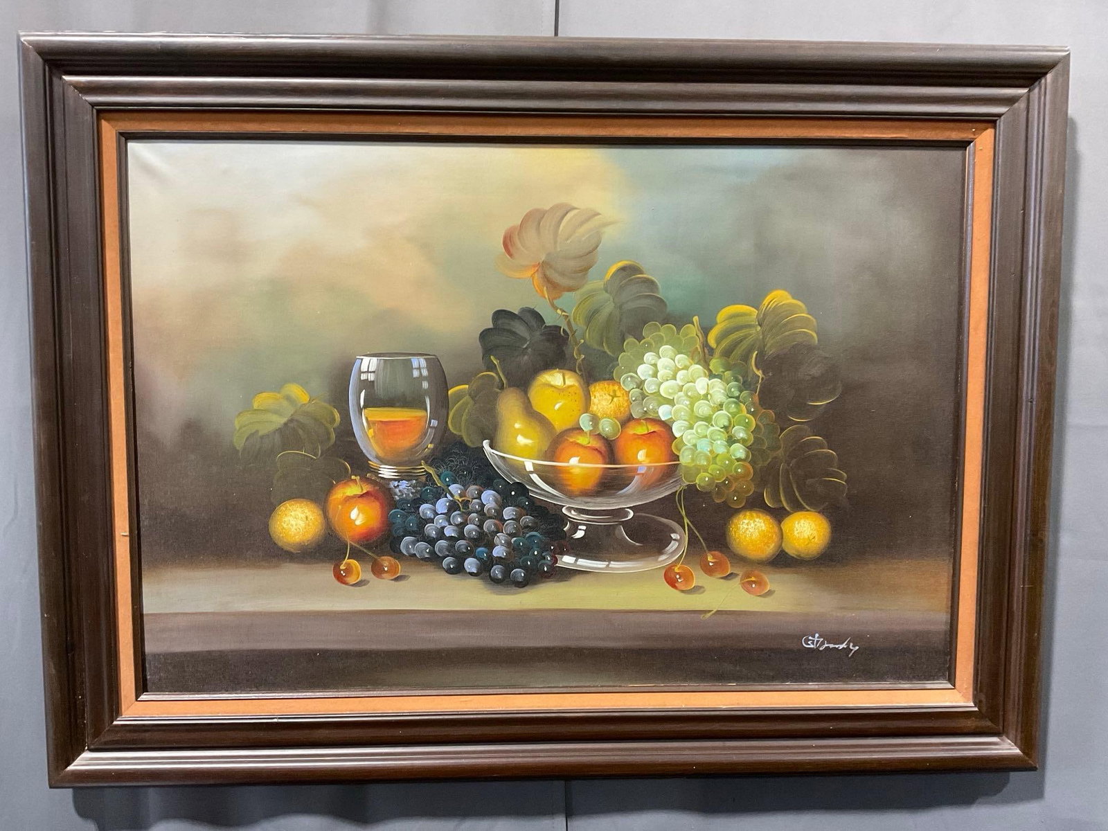 Vintage Still Life Oil on Canvas Painting, Bowl of Fruit, Grapes, signed, 33h x 45w x 5d inches - 4
