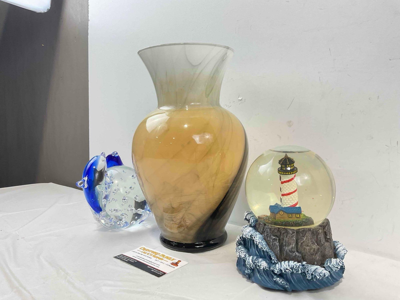 3 pcs Decorative Glass Assortment, incl. Dolphins Paperweight & Lighthouse Snowglobe. See pics. - 3