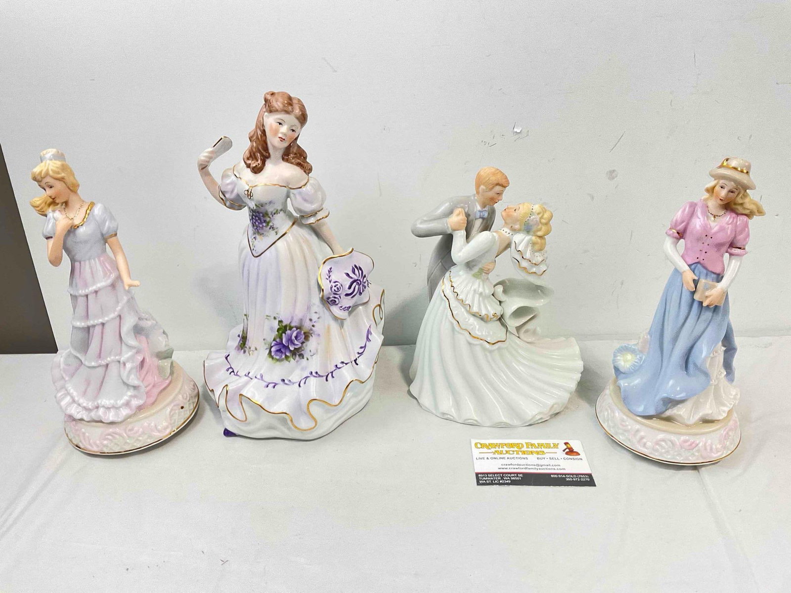 4 pcs Figural Ceramic Music Boxes, 3x Ladies & 1x Wedding Couple. Very Good Condition.: 4 pcs Figural Ceramic Music Boxes, 3x Ladies & 1x Wedding Couple. Very Good Condition. Minor wear indicative of age and use, tested and work. Fits in box measures 12" x 12" x 12" DM-5660