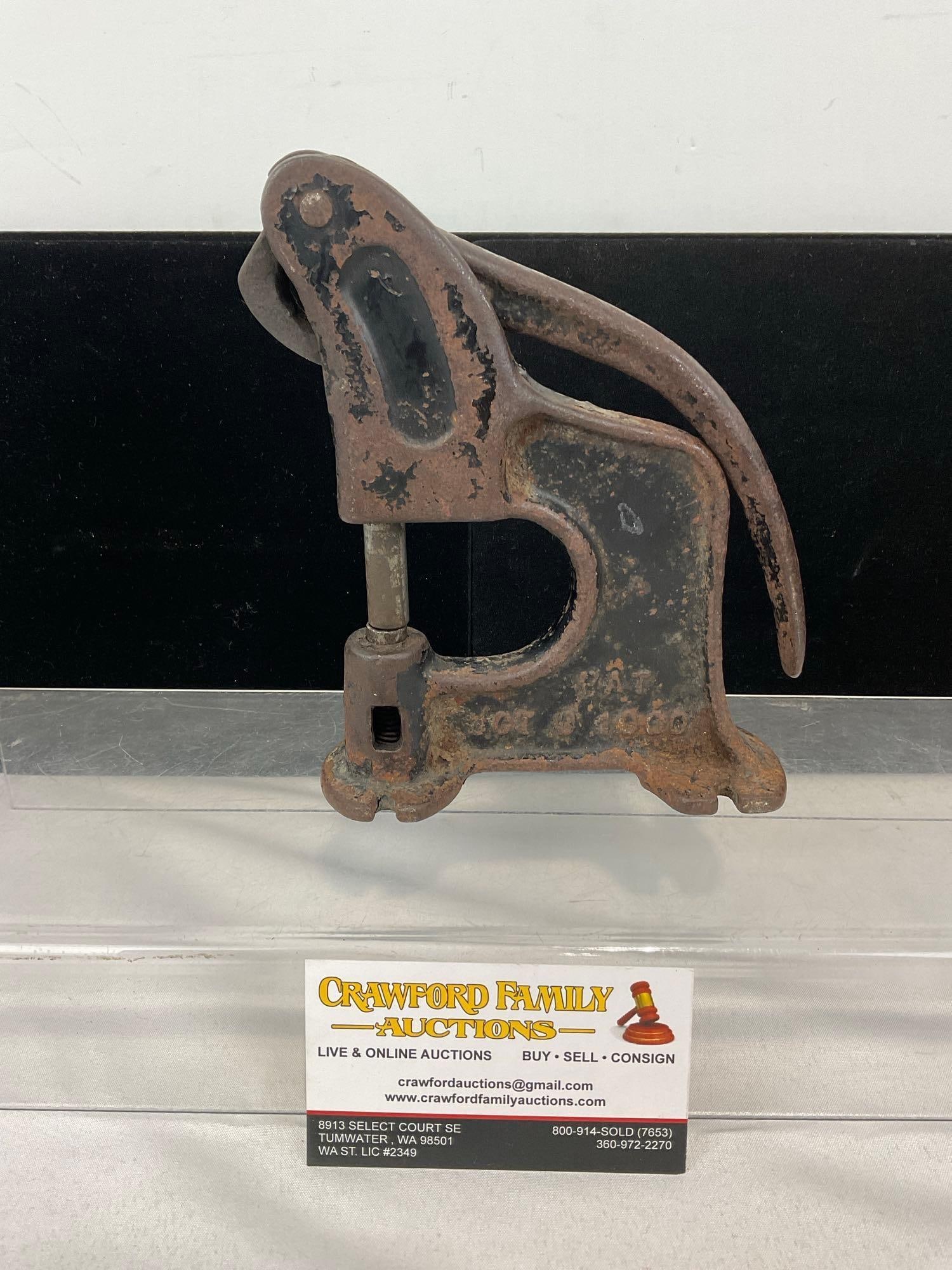 Antique Cast Iron REX Punch #27, 1900s 8h x 7w x 3d inches: Says Pat OCT 9 1890, or 1900 on the side. Appears to be in fair shape, the finish is missing in places, though seems to operate smoothly. The pieces fit in a box that measures 8h x 7w x 3d inches.