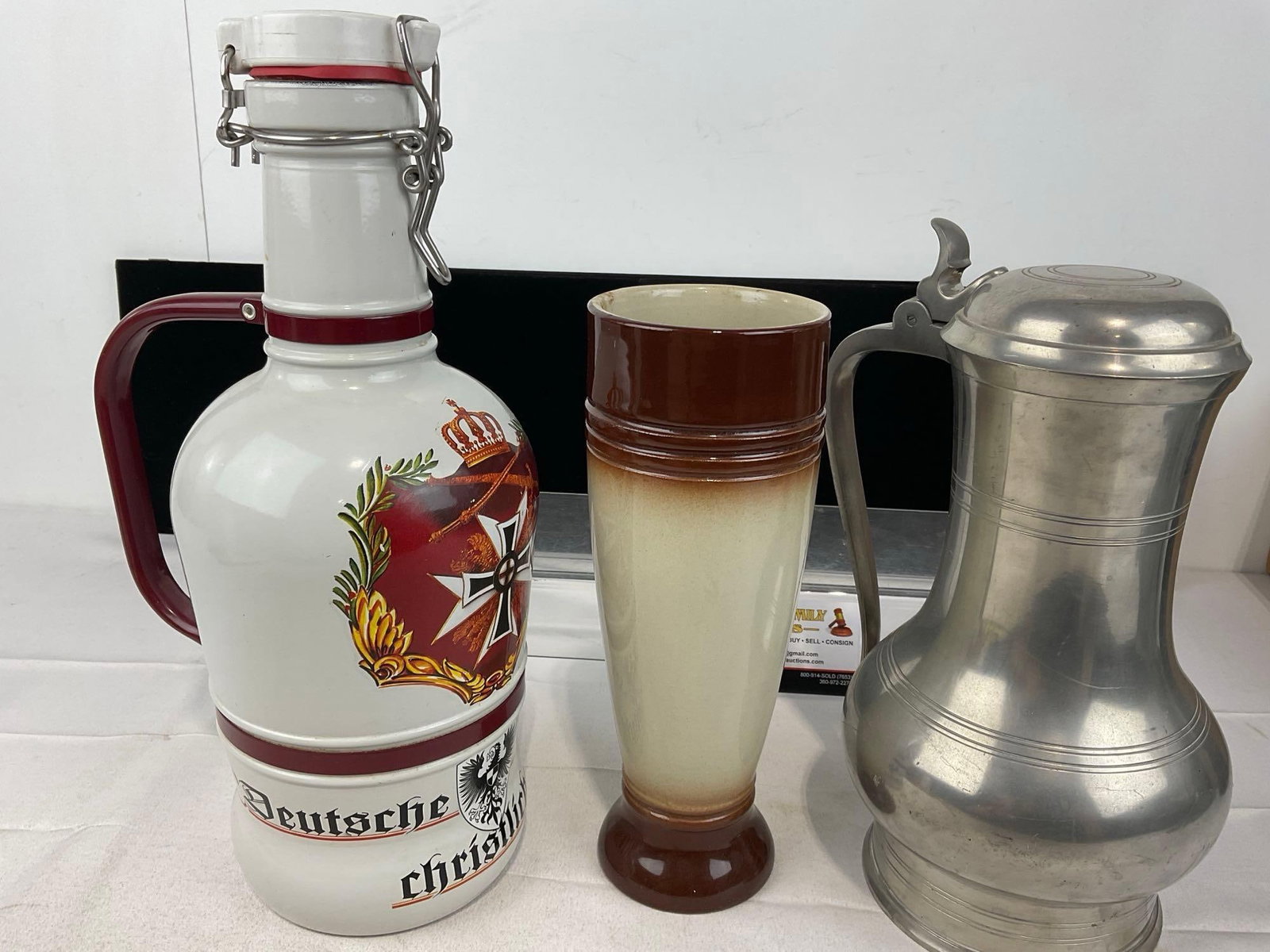 German Stein, Deutsche Orden Christliche Bottle & Dutch Pewter Pitcher, 14h x 17w x 6d inches - 2