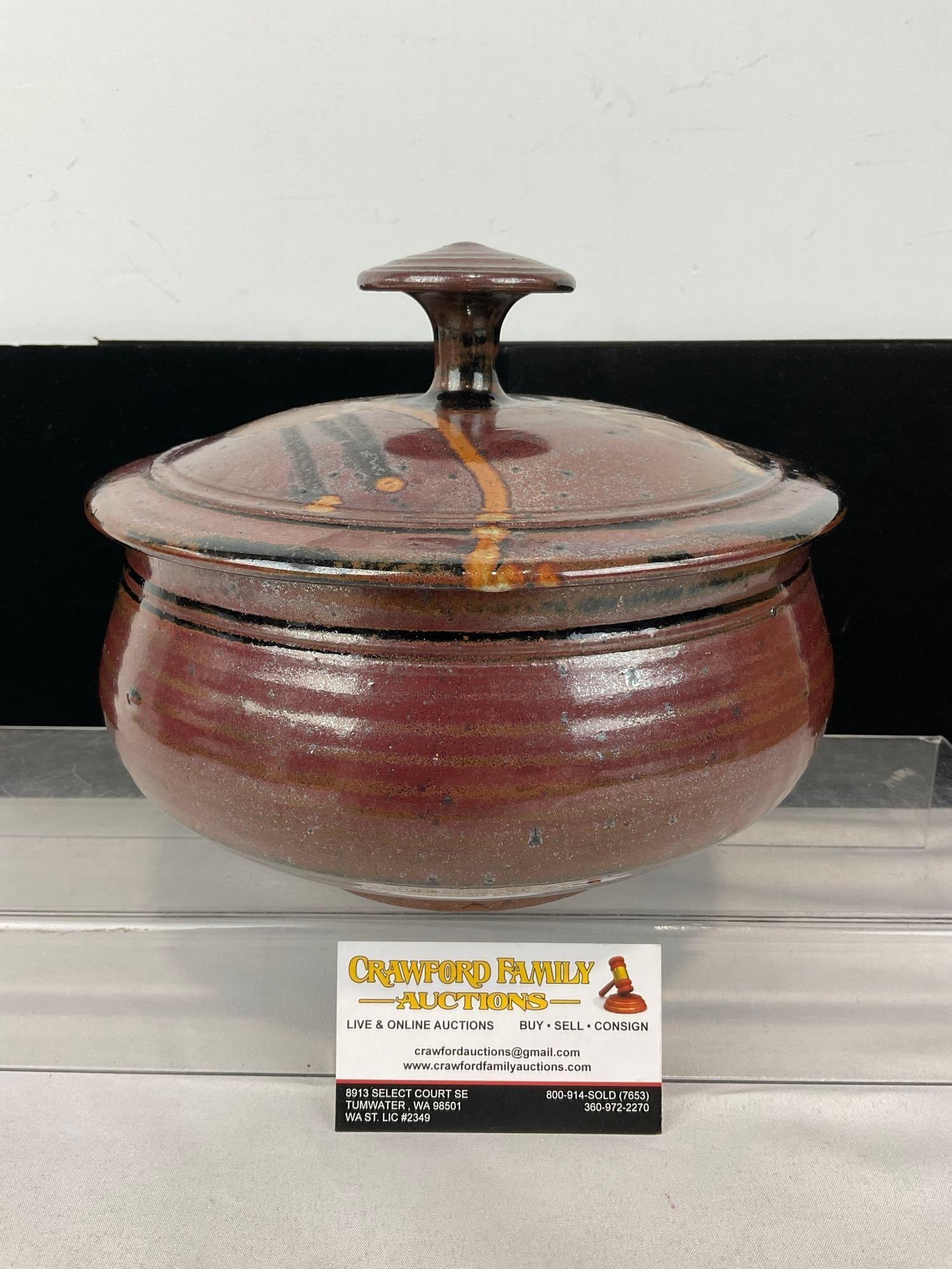 Vintage Studio Pottery Lidded Casserole Dish, Red Glaze, 6h x 10w x 10d inches: Appears to be in good shape. The pieces fit in a box that measures 6h x 10w x 10d inches. See pics. E-5600