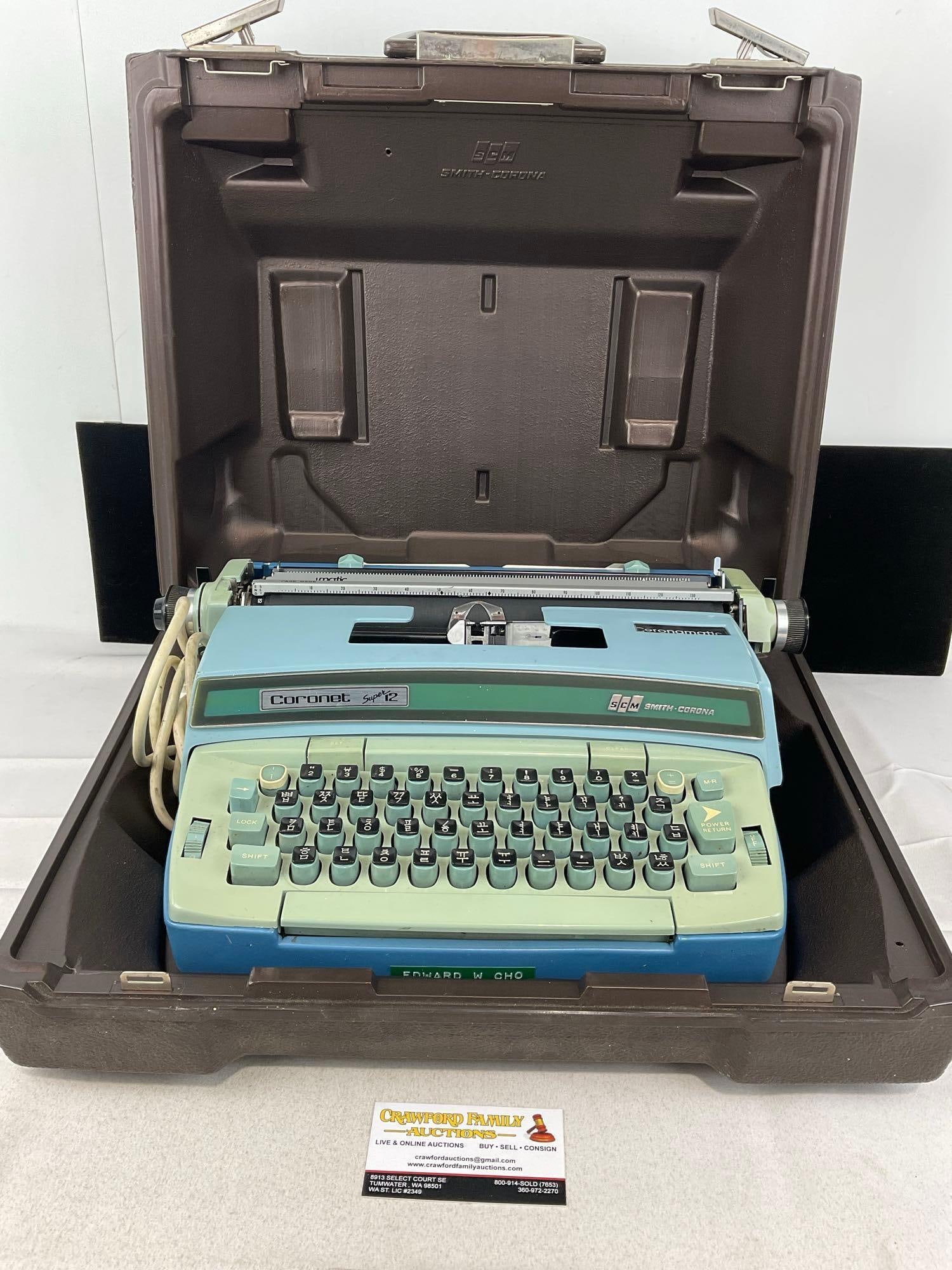 Smith-Corona Coronet--Super 12 Electric Typewriter, Model 6LEA, Korean Hangul Language Writing: Also has case, this piece writes in Korean Hangul, not English. Appears to be in good shape. The pieces fit in a box that measures 8h x 20w x 16d inches. See pics. E-5830