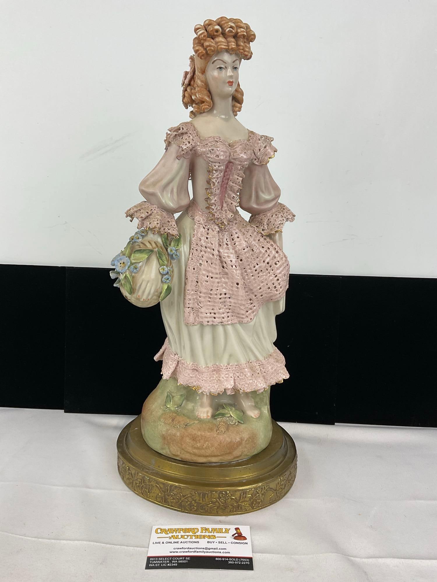Early Cordey Porcelain Victorian Lady Figurine 16 inches tall, Brass Base: Very fragile, as the lace is very thin porcelain. Likely no shipping. Appears to be in fair shape, some spots of wear or damage. The piece measures approx 18h x 9w x 7d inches. See pics. E-5520