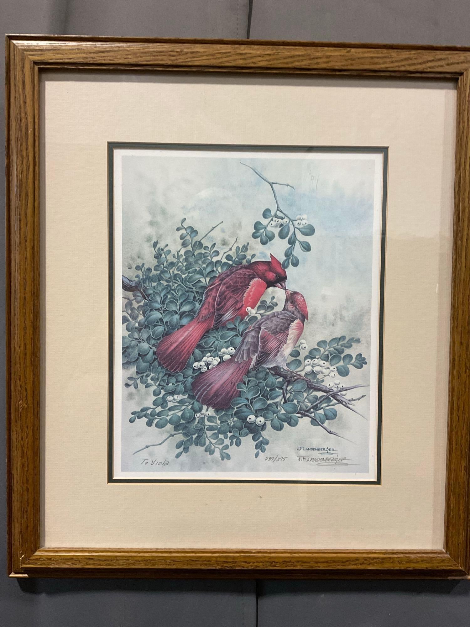 Framed Signed & #d 237/275 Litho by J.F.Landenberger, 23h x 20w x 3d inches, Cardinals: Appears to be in good shape. The piece measures approx 23h x 20w x 3d inches. See pics. E-5630