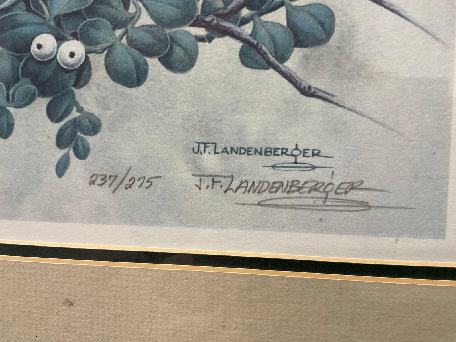 Framed Signed & #d 237/275 Litho by J.F.Landenberger, 23h x 20w x 3d inches, Cardinals - 5