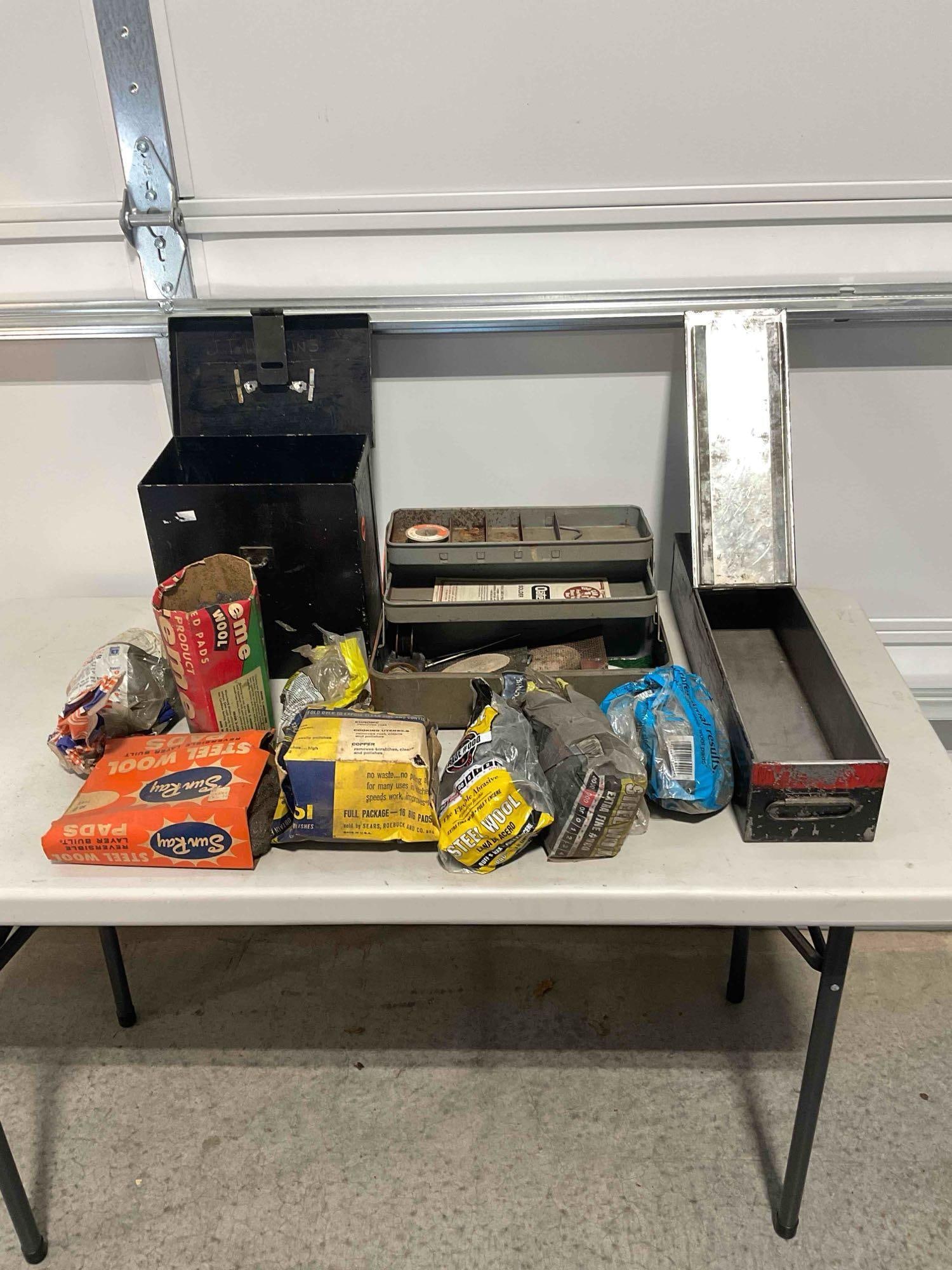 Collection of Metal Toolboxes with Pipe Soldering Kit, Soldering Iron, and Steel Wool.: Approximately 21" x 8" x 12" altogether. Items are in fair condition and have wear consistent with age. V-5360 *Oversized shipping may apply*