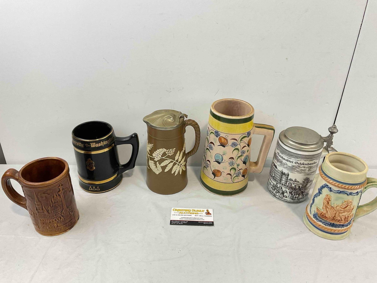 6 pcs Vintage Souvenir Beer Steins, Multiple Origins incl. Japan & Mexico! Very Good Condition.: 6 pcs Vintage Souvenir Beer Steins, Multiple Origins incl. Japan & Mexico! Very Good Condition. 5 look to be ceramic and one is metal. Minor wear indicative of age, condition is otherwise very