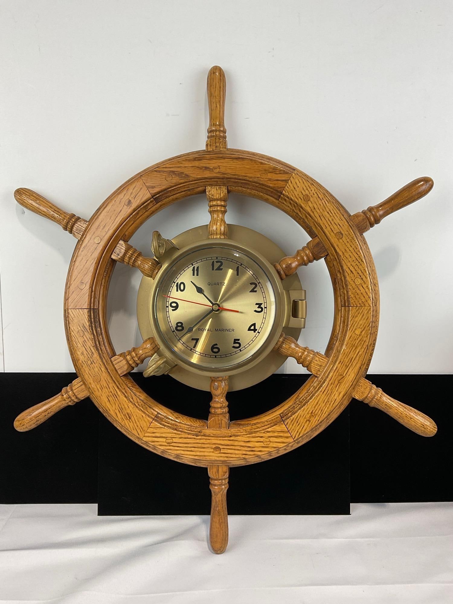 Oak Ships Wheel Clock, Royal Mariner, 26h x 26w x 5d inches: Appears to be in good shape. The piece measures approx 26h x 26w x 5d inches. See pics. E-5860