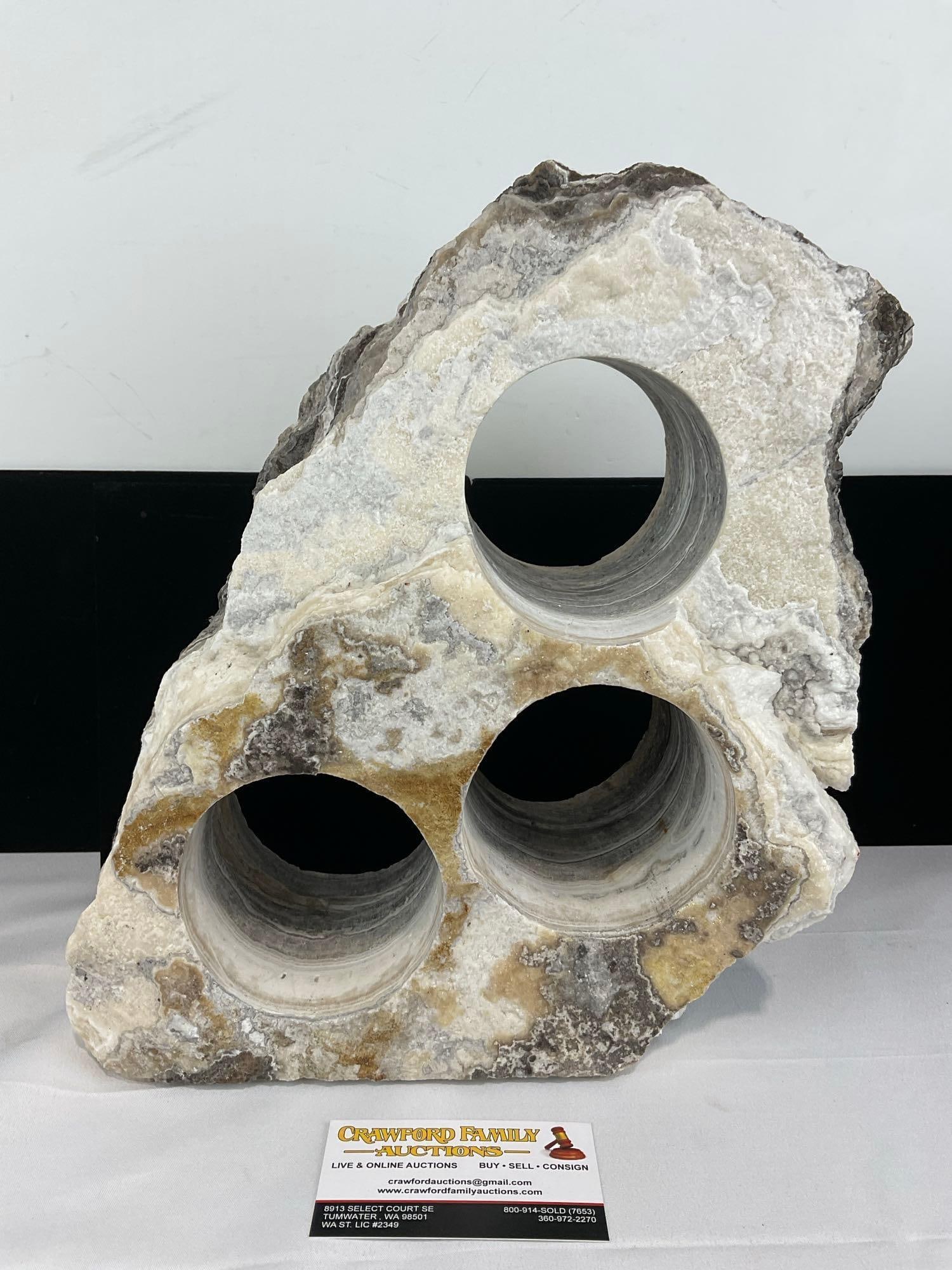 Raw Granite Stone Wine Bottle Holder, Signed by artist, 14h x 13w x 6d inches, 3 wells: Appears to be in good shape. The piece measures approx 14h x 13w x 6d inches. See pics. E-5860