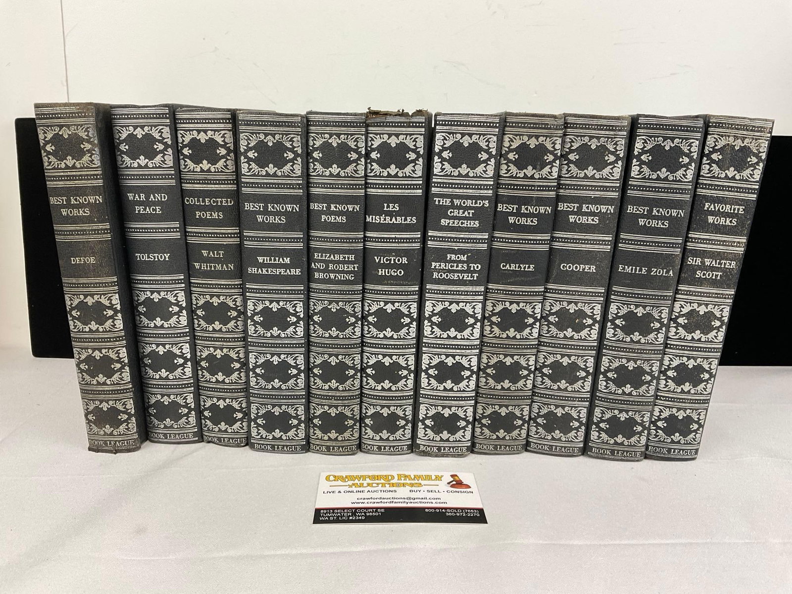 Blue Ribbon 1940s Set of Books, 11 pcs, Defoe, Tolstoy, Whitman, Shakespeare, Hugo, Cooper & more: Best Known Works by Defoe, William Shakespeare, Carlyle, Cooper, Emile Zola, Best Known Poems by Elizabeth & Robert Browning, Les Miserables by Victor Hugo, War & Peace by Tolstoy, Collected P