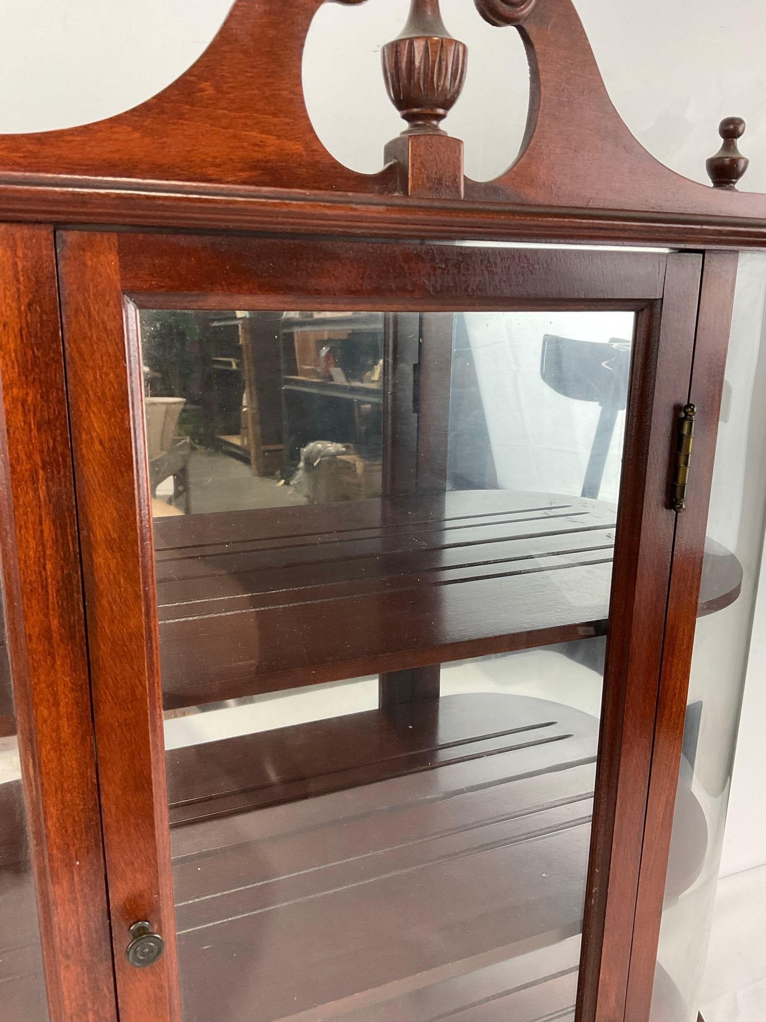 Federal Style Wall Hanging Curio Cabinet, Curved Glass Sides, Mirrored back, 3 shelves, 27x21x4 i... - 2