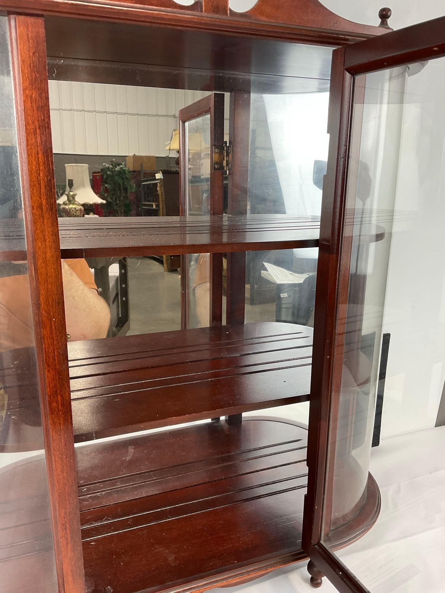 Federal Style Wall Hanging Curio Cabinet, Curved Glass Sides, Mirrored back, 3 shelves, 27x21x4 i... - 5