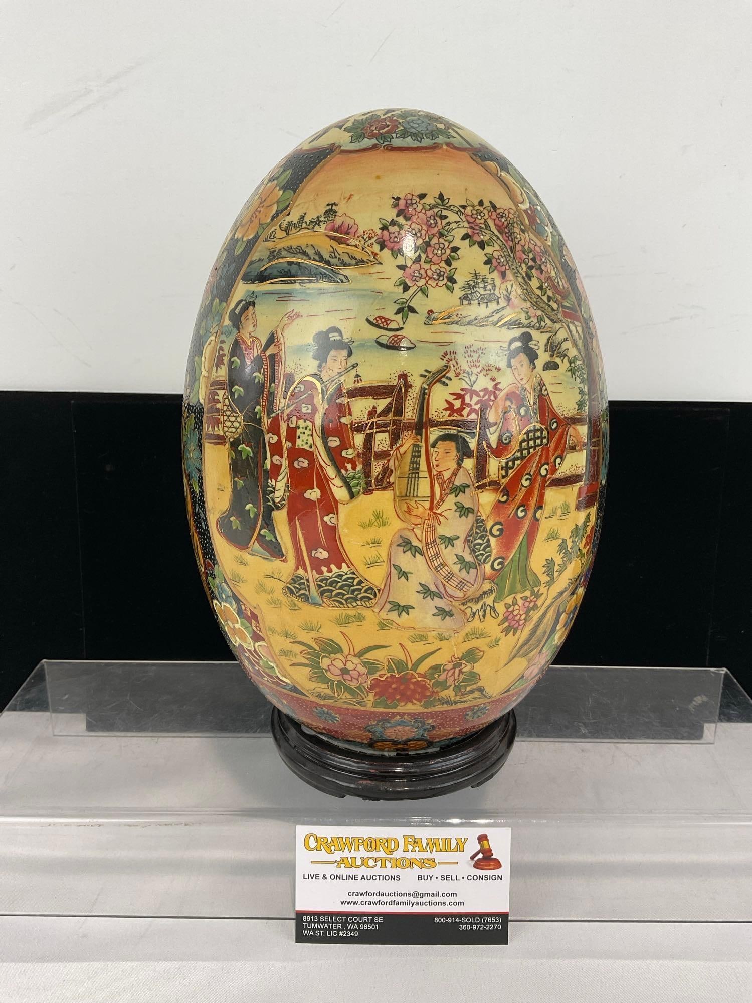 Handpainted Japanese Satsuma Geisha style Porcelain Decorative Egg, 12h x 8w x 8d inches: Appears to be in good shape. The piece measures approx 12h x 8w x 8d inches. See pics. E-5860