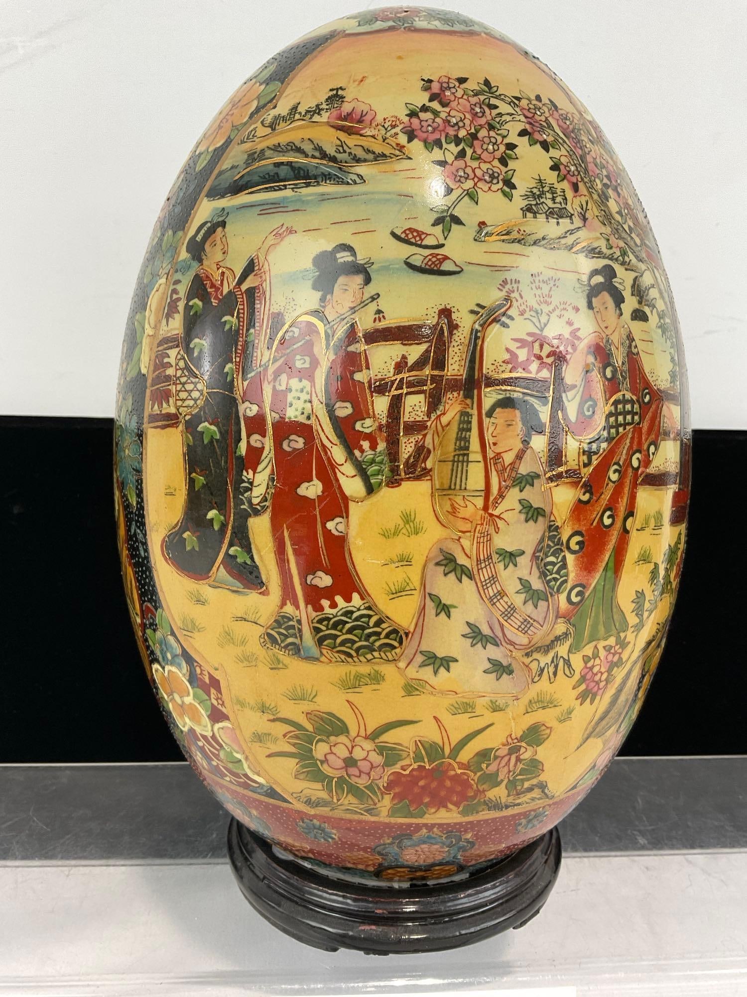 Handpainted Japanese Satsuma Geisha style Porcelain Decorative Egg, 12h x 8w x 8d inches - 2