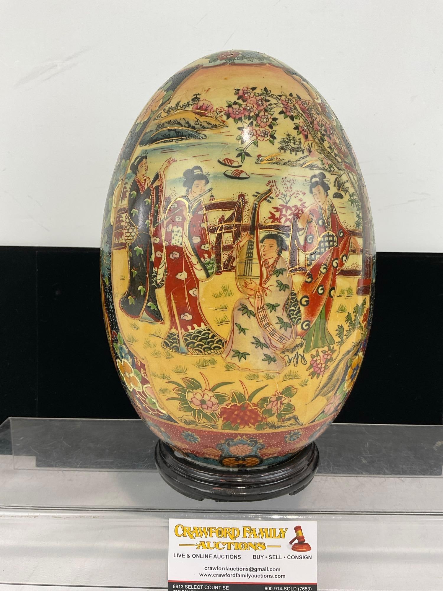 Handpainted Japanese Satsuma Geisha style Porcelain Decorative Egg, 12h x 8w x 8d inches - 3