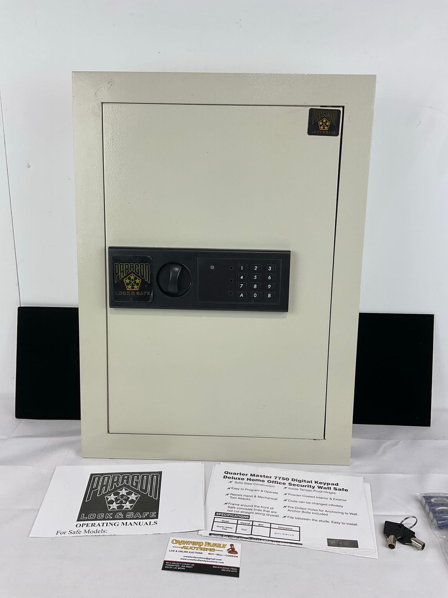 Paragon Quarter Master 7750 Digital Keypad Deluxe, Home/Office Security Wall Safe, w/keys, 9x24x18: Opened, and lock left exposed for key use. Appears to be in good shape. The piece measures approx 9h x 24w x 18d inches. See pics. E-5860