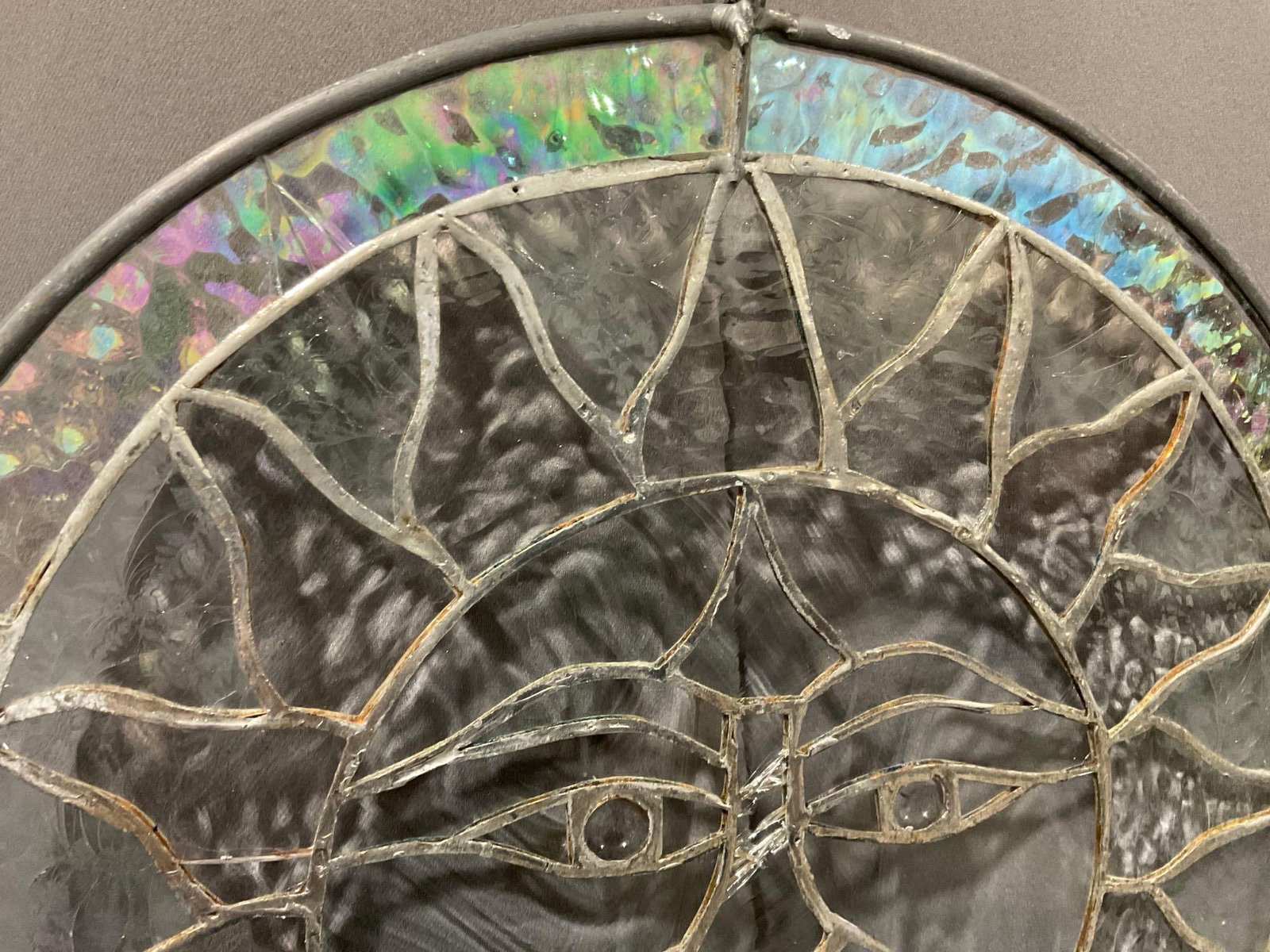 Circular Stained Glass Sun Image, Iridescent rim, 14 inches in diameter, some cracks - 2