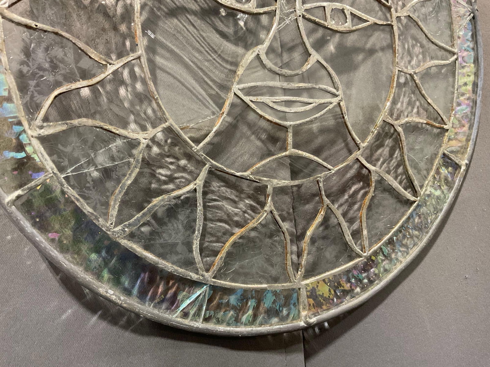 Circular Stained Glass Sun Image, Iridescent rim, 14 inches in diameter, some cracks - 3