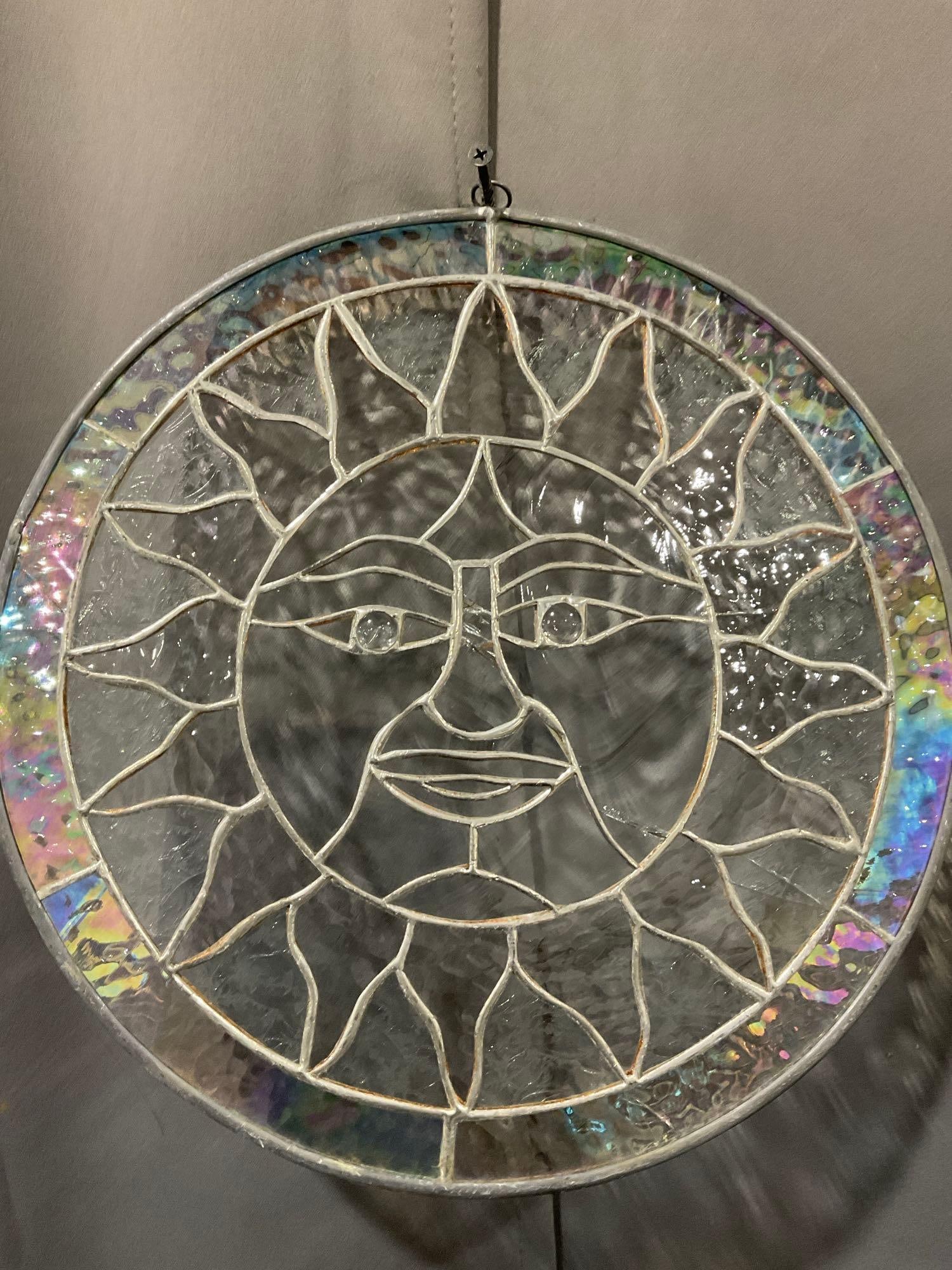 Circular Stained Glass Sun Image, Iridescent rim, 14 inches in diameter, some cracks - 4