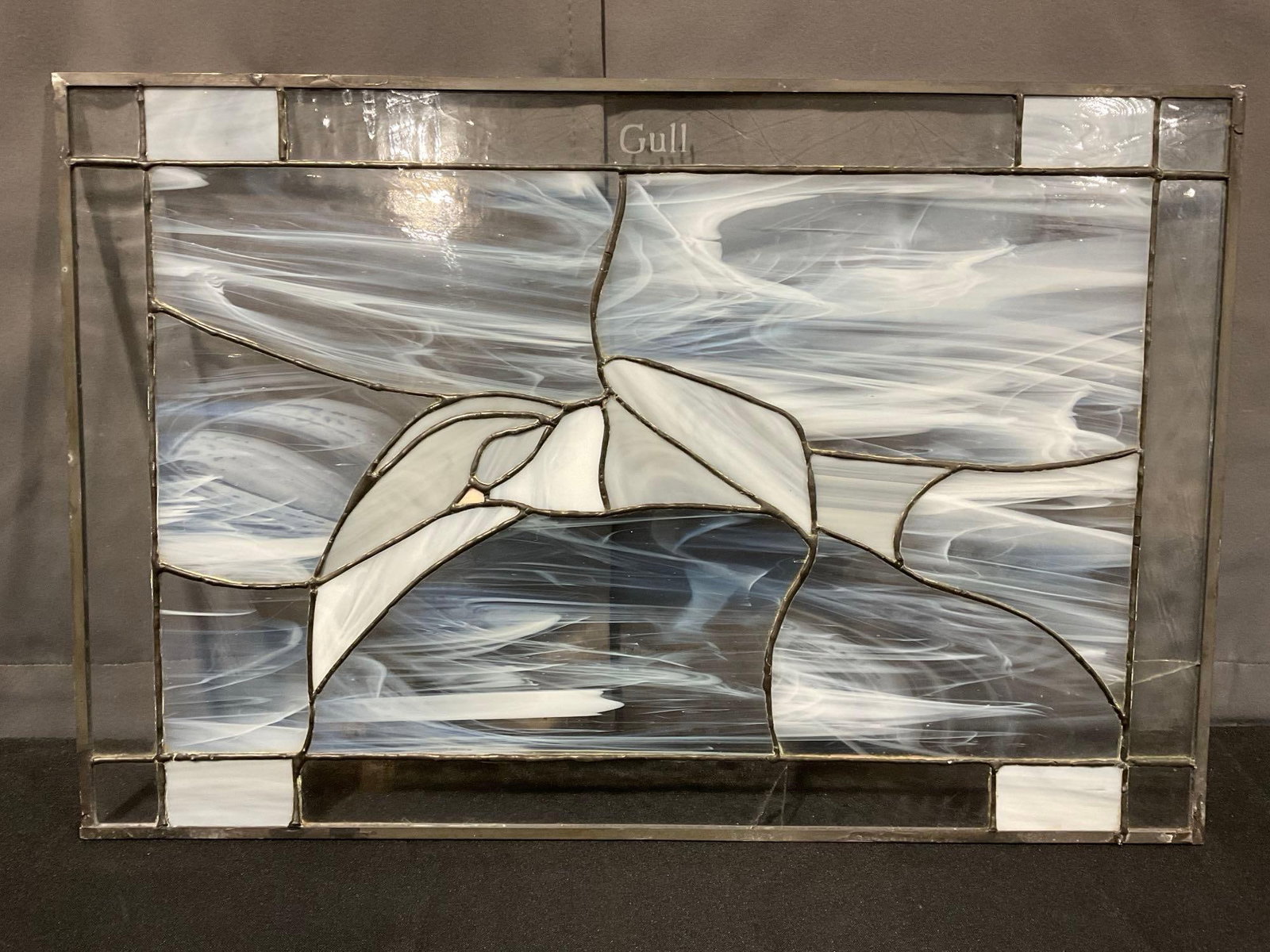 Stained Glass Panel, Seagull, Cloudy White Slag Glass & Clear Border, 15h x 23w inches: Appears to be in fair to good shape, handful of cracks. The piece measures approx 15h x 23w x 3d inches. See pics. E-5860 *Oversized shipping may apply*