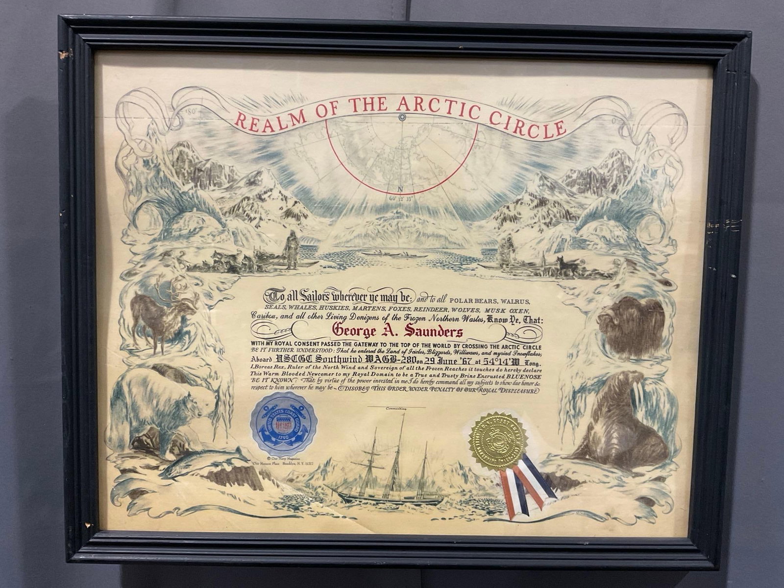 Framed 1967 Crossing into Realm of the Arctic Circle Certificate, USCG Southwind Icebreaker: Appears to be in good shape. The piece measures approx 18h x 22w x 3d inches. See pics. E-5860