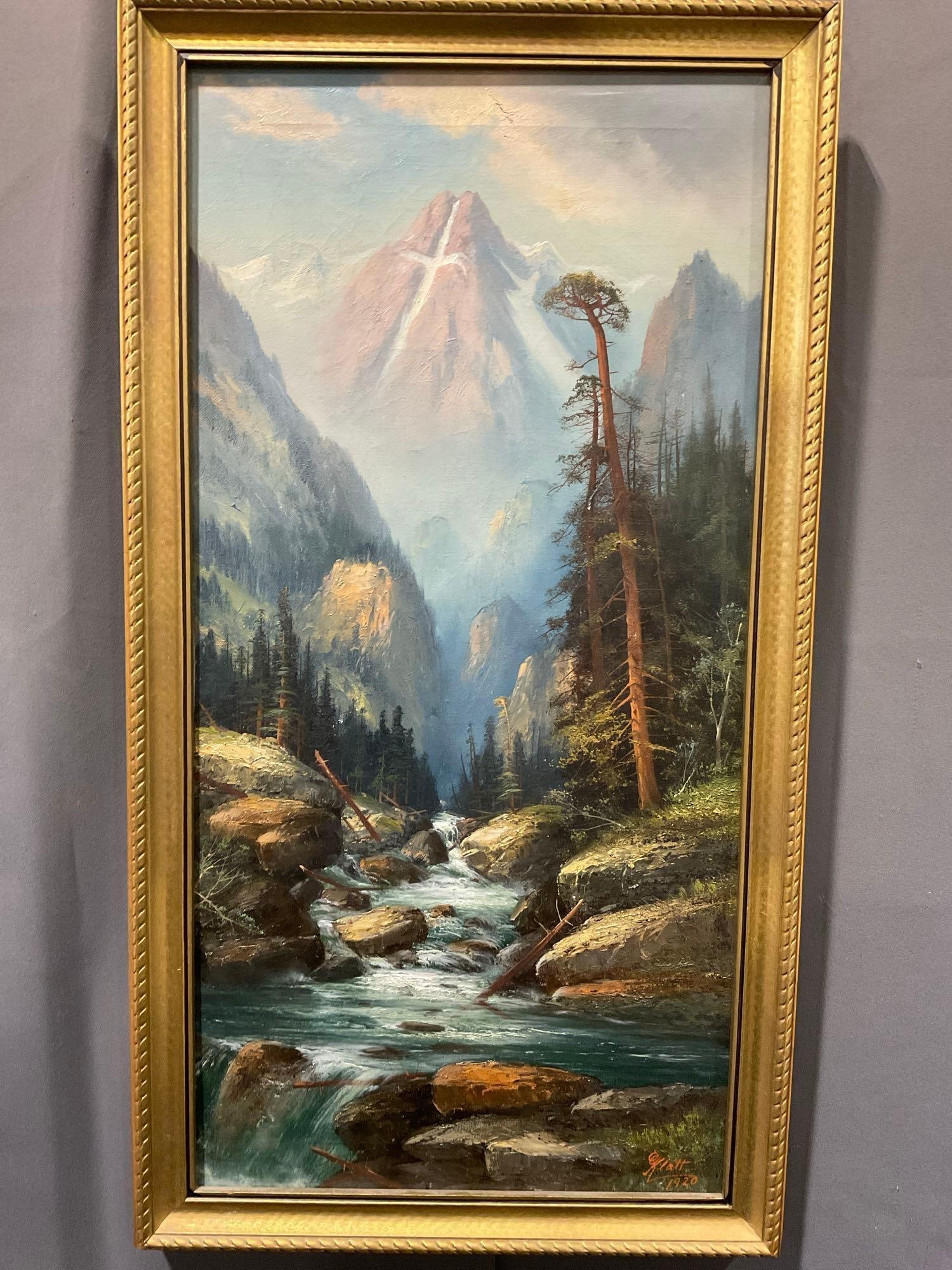 Antique Oil on Canvas, signed by artist, 1920 Landscape w/Large Mountain & River scene: Looks like the signature says E Platt or something similar. Appears to be in good shape. The piece measures approx 27h x 15w x 4d inches. See pics. E-5860
