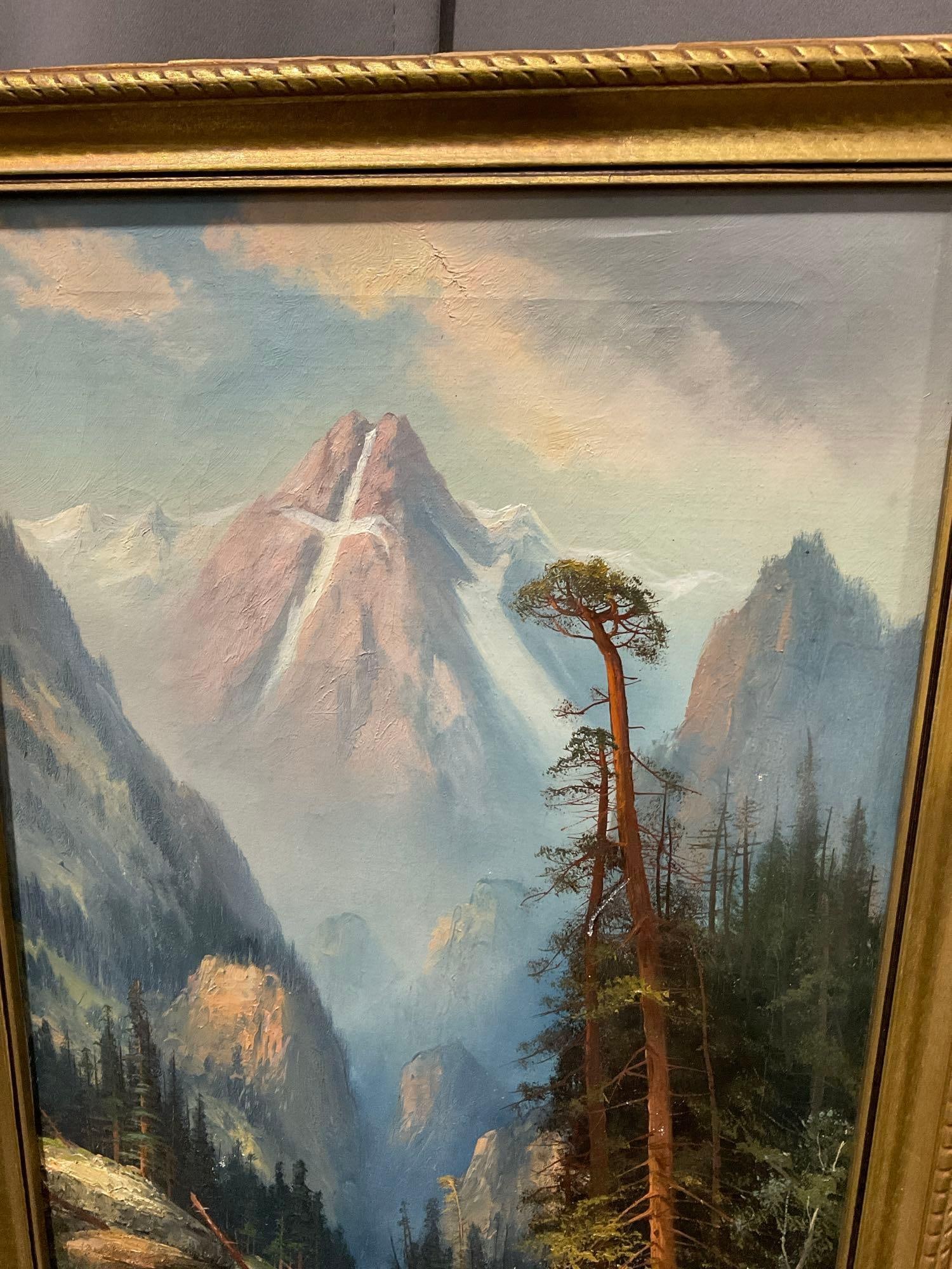 Antique Oil on Canvas, signed by artist, 1920 Landscape w/Large Mountain & River scene - 2