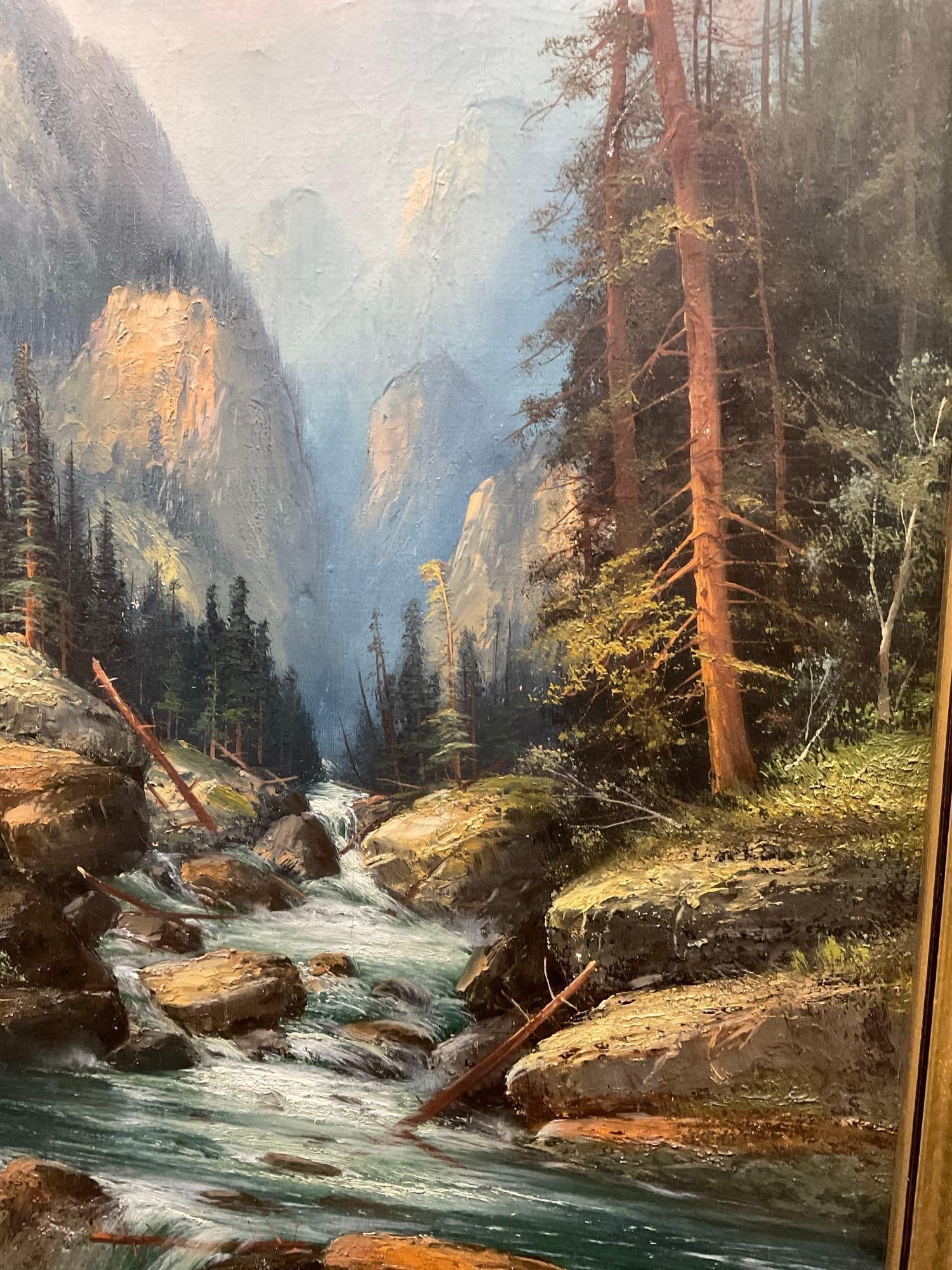 Antique Oil on Canvas, signed by artist, 1920 Landscape w/Large Mountain & River scene - 3