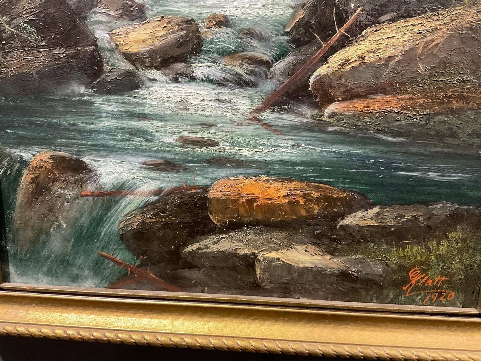 Antique Oil on Canvas, signed by artist, 1920 Landscape w/Large Mountain & River scene - 4
