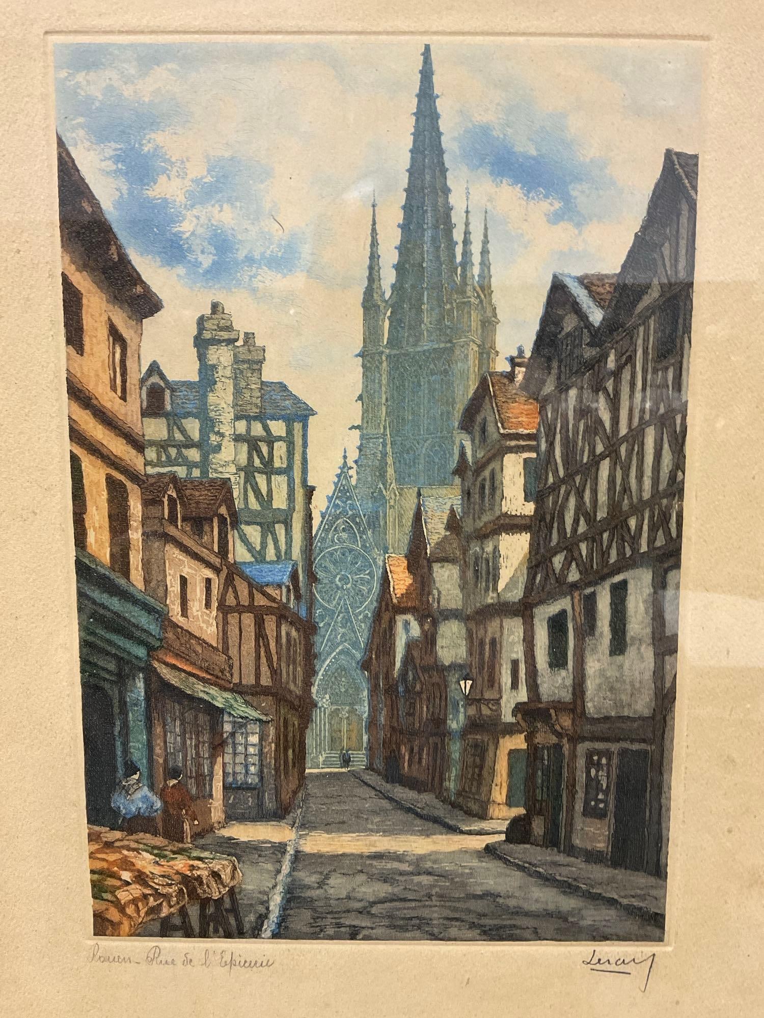 Framed Hand-Tinted Etching titled Rouen Rue Se LEpicerie by Jules Leray, (1875-1938), 19x15 inches - 2