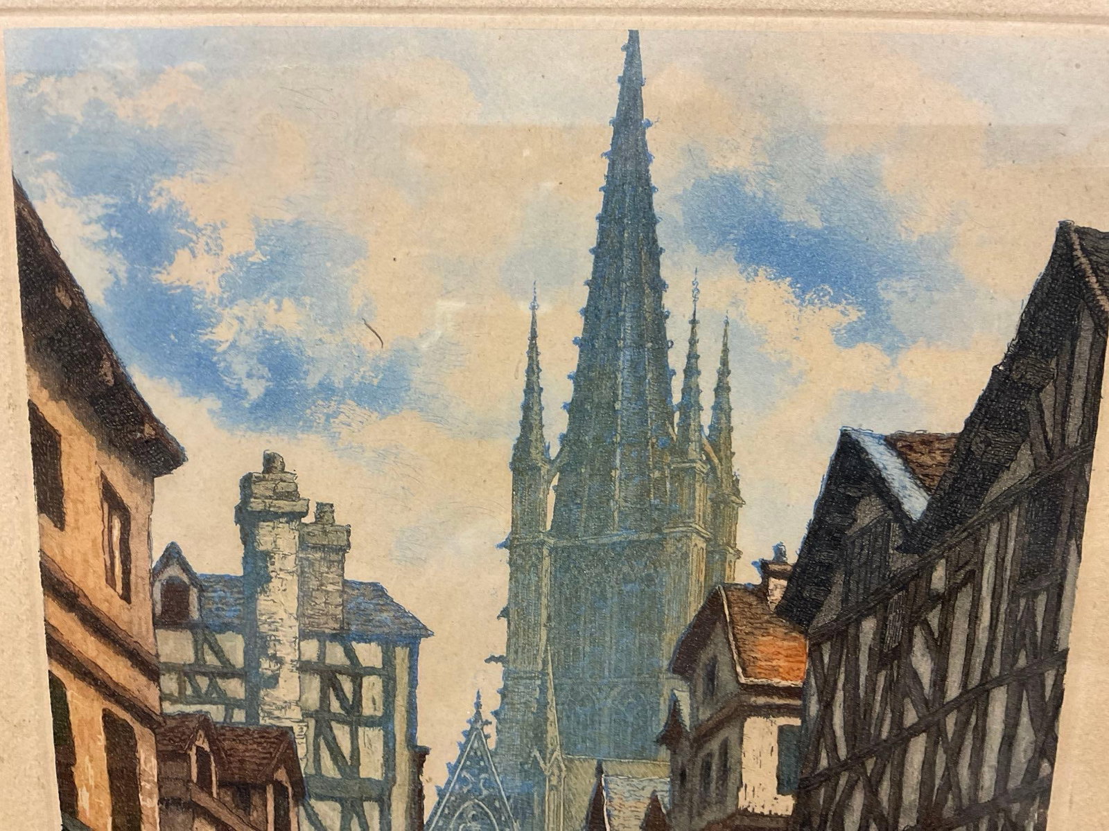Framed Hand-Tinted Etching titled Rouen Rue Se LEpicerie by Jules Leray, (1875-1938), 19x15 inches - 3